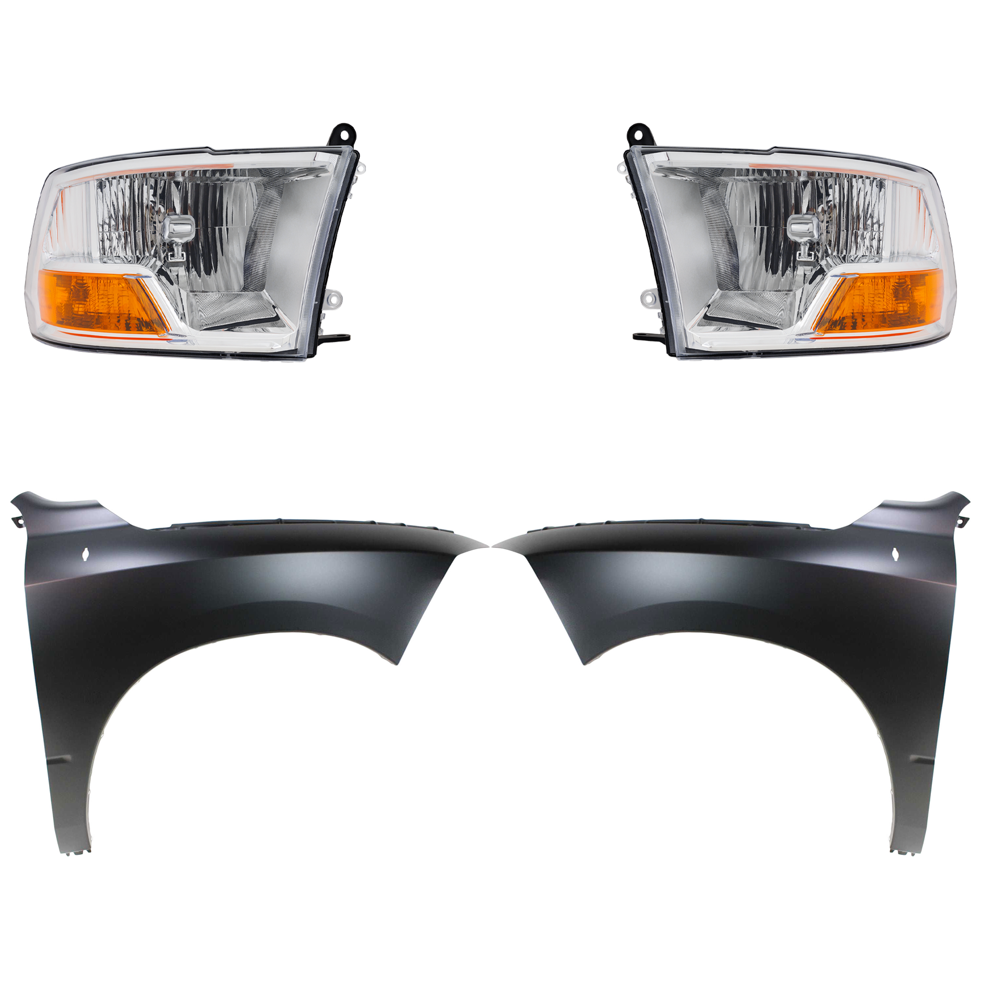 AM RAM FULL SIZE P U 09-12 HEAD LAMP RH AND LH Assembly Halogen 4 pc Kit with Fenders SKU KIT 022423-79003 Partslink CH2503217 CH2502217 CH1240269 CH1241269 OEM 55277409AG 55277409AF 55277410
