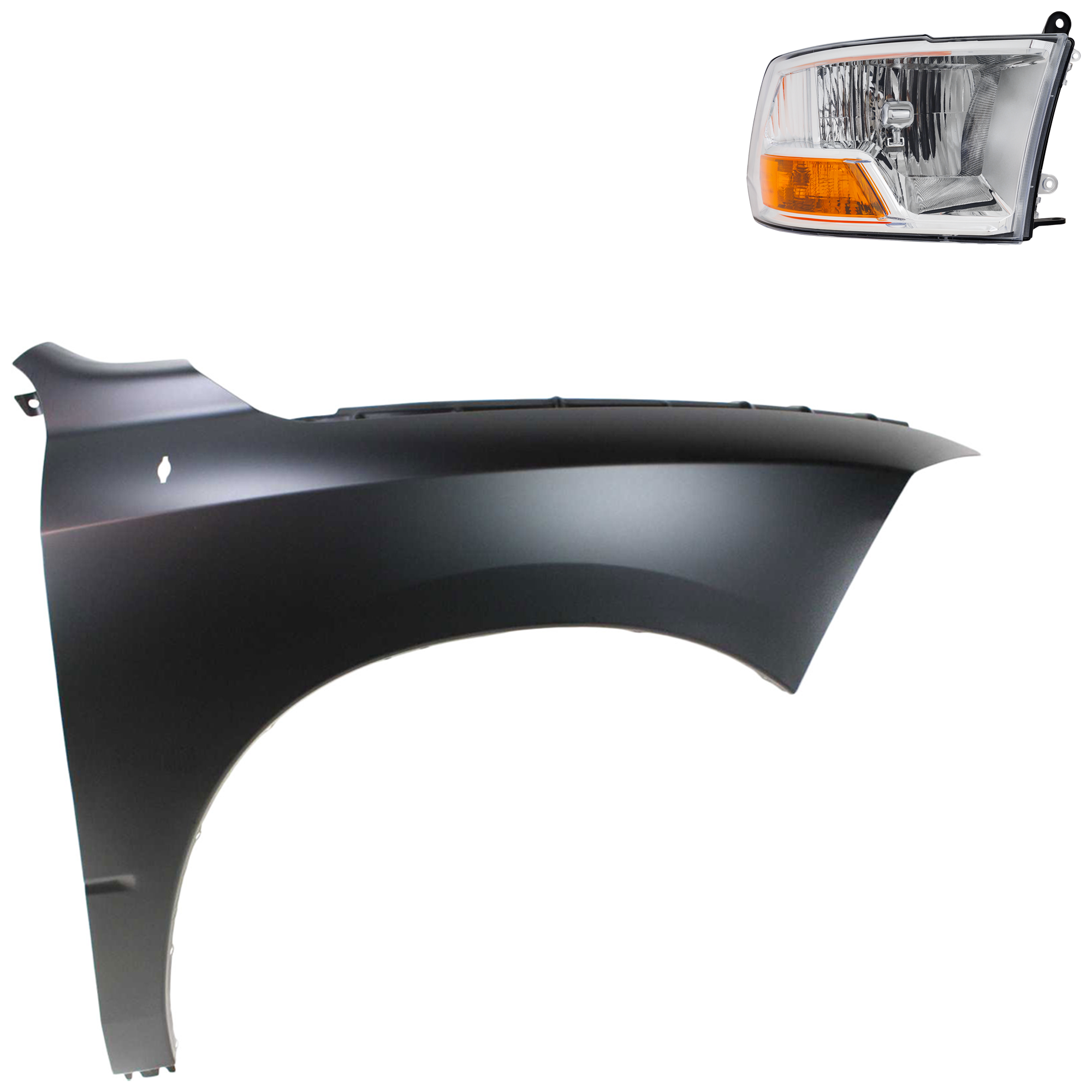 AM RAM FULL SIZE P U 11-12 HEAD LAMP RH Assembly Halogen 2 pc Kit with Fender SKU KIT 022423-79004 Partslink CH2503217 CH1241269 OEM 55277410AG 55277410AF 68054338