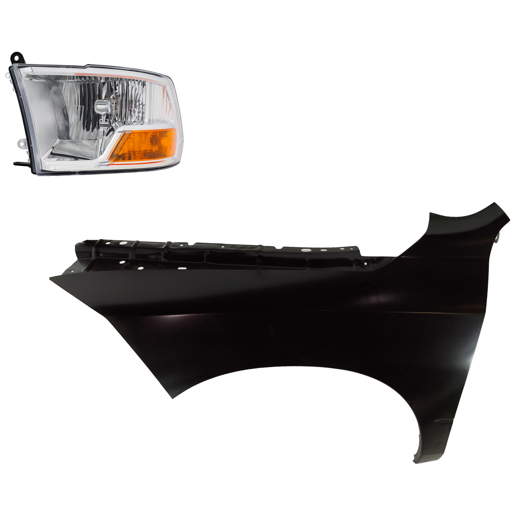 AM RAM FULL SIZE P U 09-12 HEAD LAMP LH Assembly Halogen 2 pc Kit with Fender SKU KIT 022423-79005 Partslink CH2502217 CH1240269 OEM 55277409AG 55277409AF 68054339