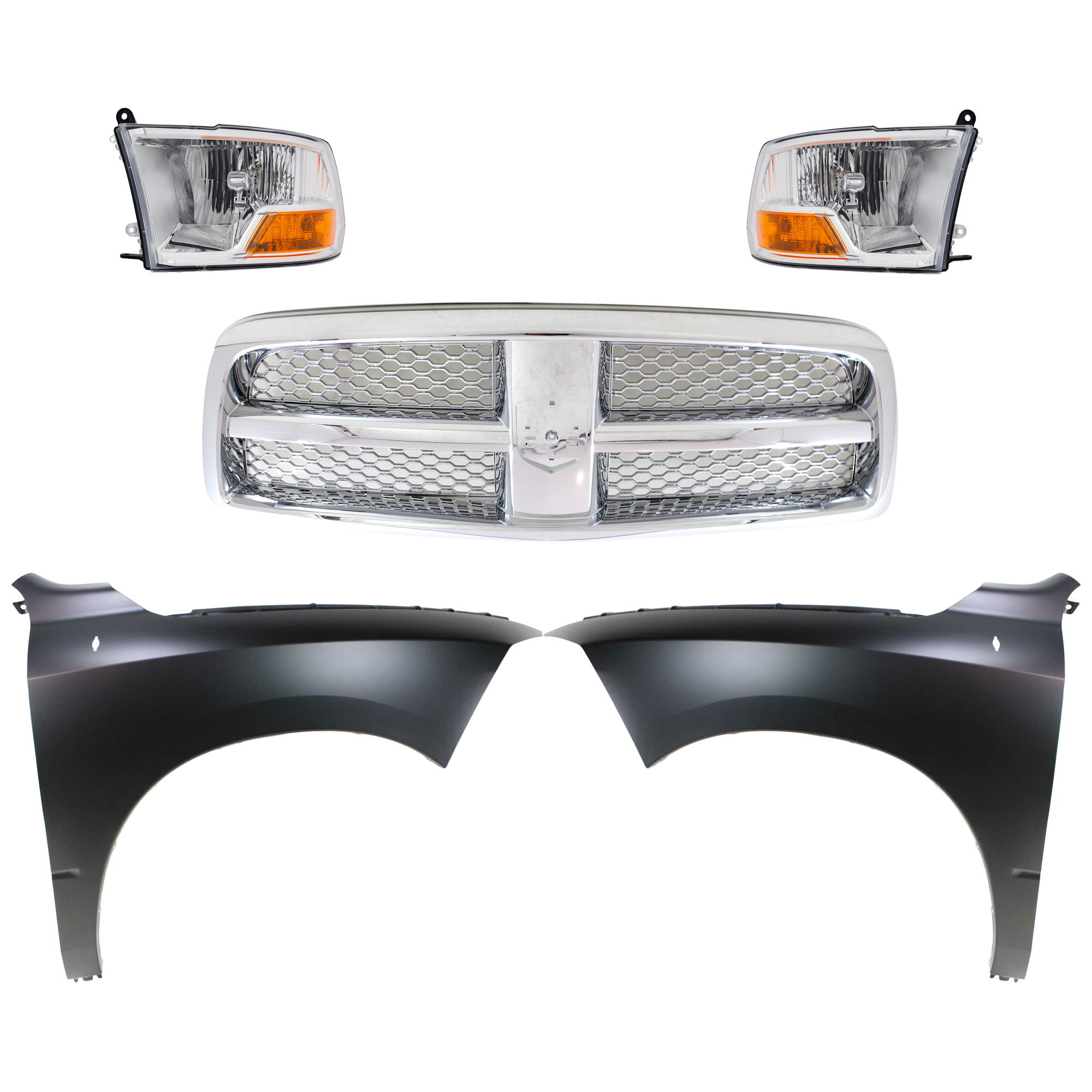 AM RAM 1500 P U 09-12 GRILLE Chrome Shell and Insert 5 pc Kit with Fenders and Headlights SKU KIT 022423-790 Partslink CH1200326 CH1241269 CH1240269 CH2503217 CH2502217 OEM 55372059AB 68054338AJ 68054338