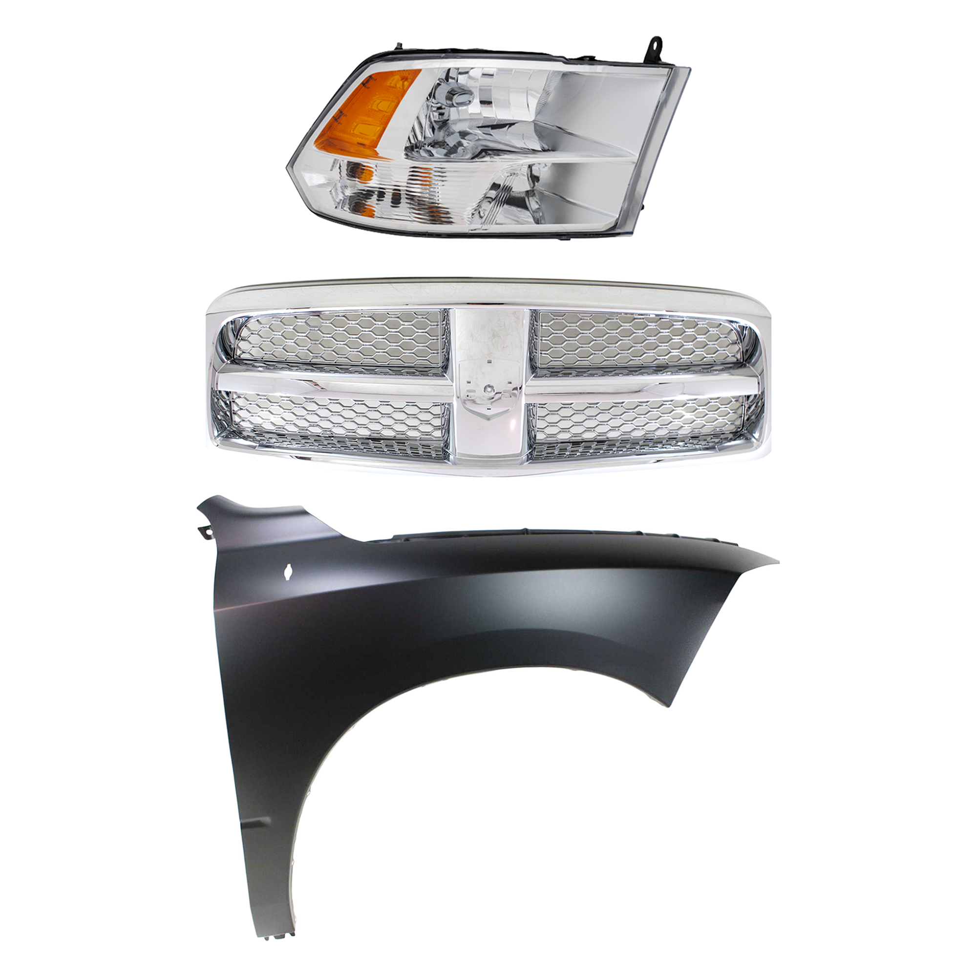 AM RAM 1500-11-12 GRILLE Chrome Shell and Insert 3 pc Kit with Fender and Headlight SKU KIT 022423-79101 Partslink CH1200326 CH1241269 CH2503281 OEM 55372059AB 68054338AJ 68054338