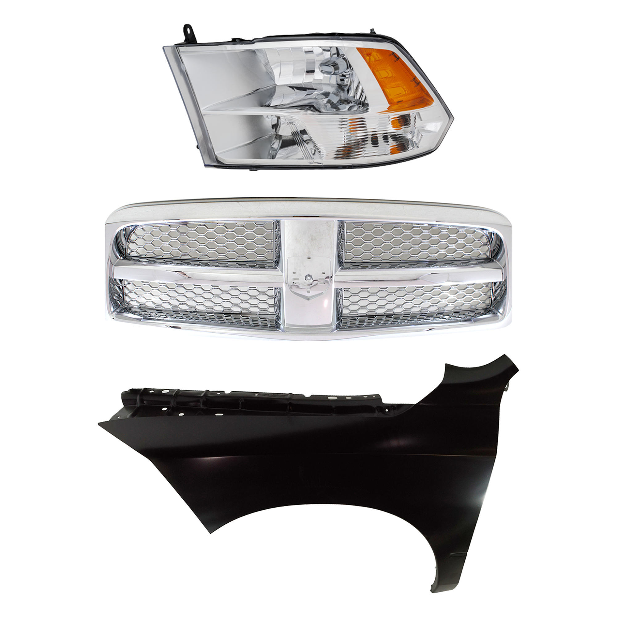 AM RAM 1500 P U 09-12 GRILLE Chrome Shell and Insert 3 pc Kit with Fender and Headlight SKU KIT 022423-79102 Partslink CH1200326 CH1240269 CH2502281 OEM 55372059AB 68054339AJ 68054339