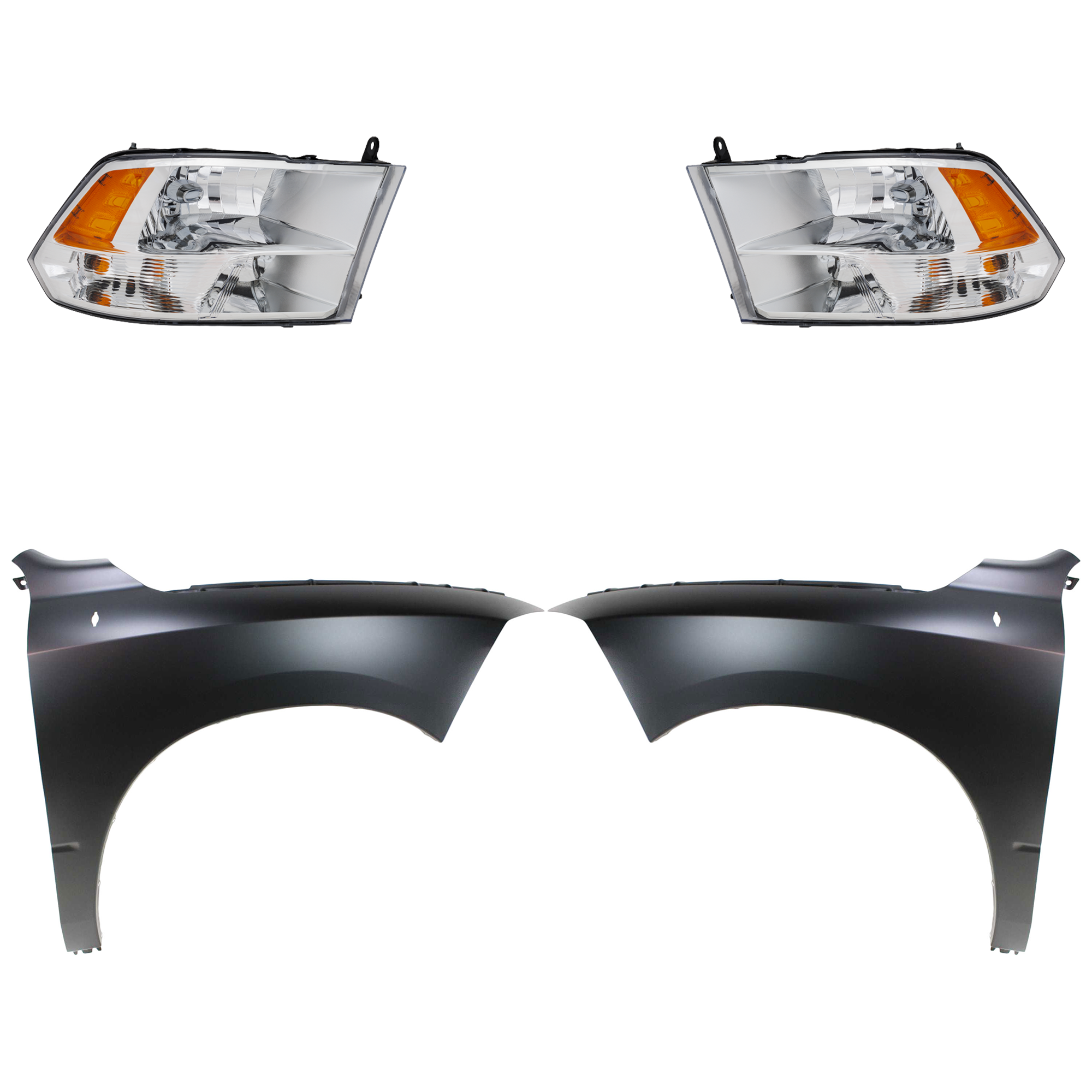 AM RAM FULL SIZE P U 09-12 HEAD LAMP RH AND LH Assembly Halogen 4 pc Kit with Fenders SKU KIT 022423-79103 Partslink CH2503281 CH2502281 CH1240269 CH1241269 OEM 68001484AH PFM 68001485AH PFM