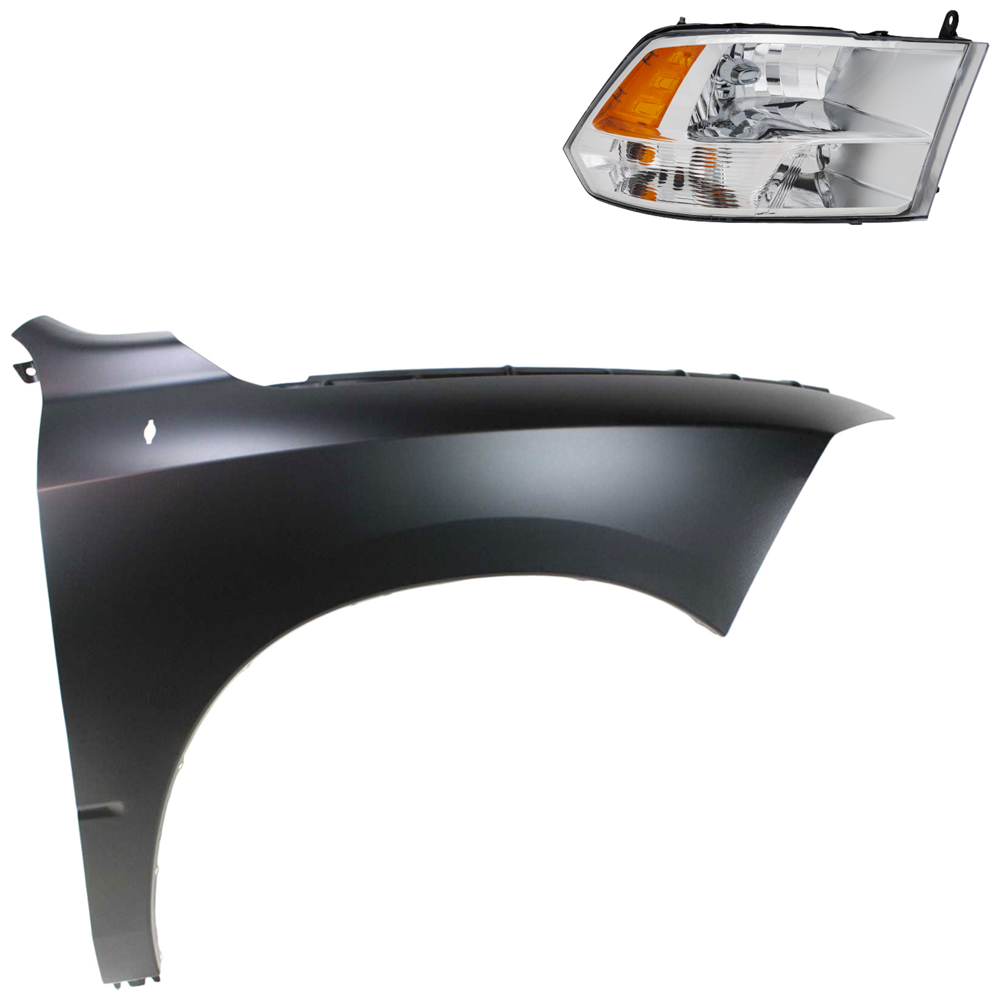 AM RAM FULL SIZE P U 11-12 HEAD LAMP RH Assembly Halogen 2 pc Kit with Fender SKU KIT 022423-79104 Partslink CH2503281 CH1241269 OEM 68001484AH PFM 68054338AJ 6805