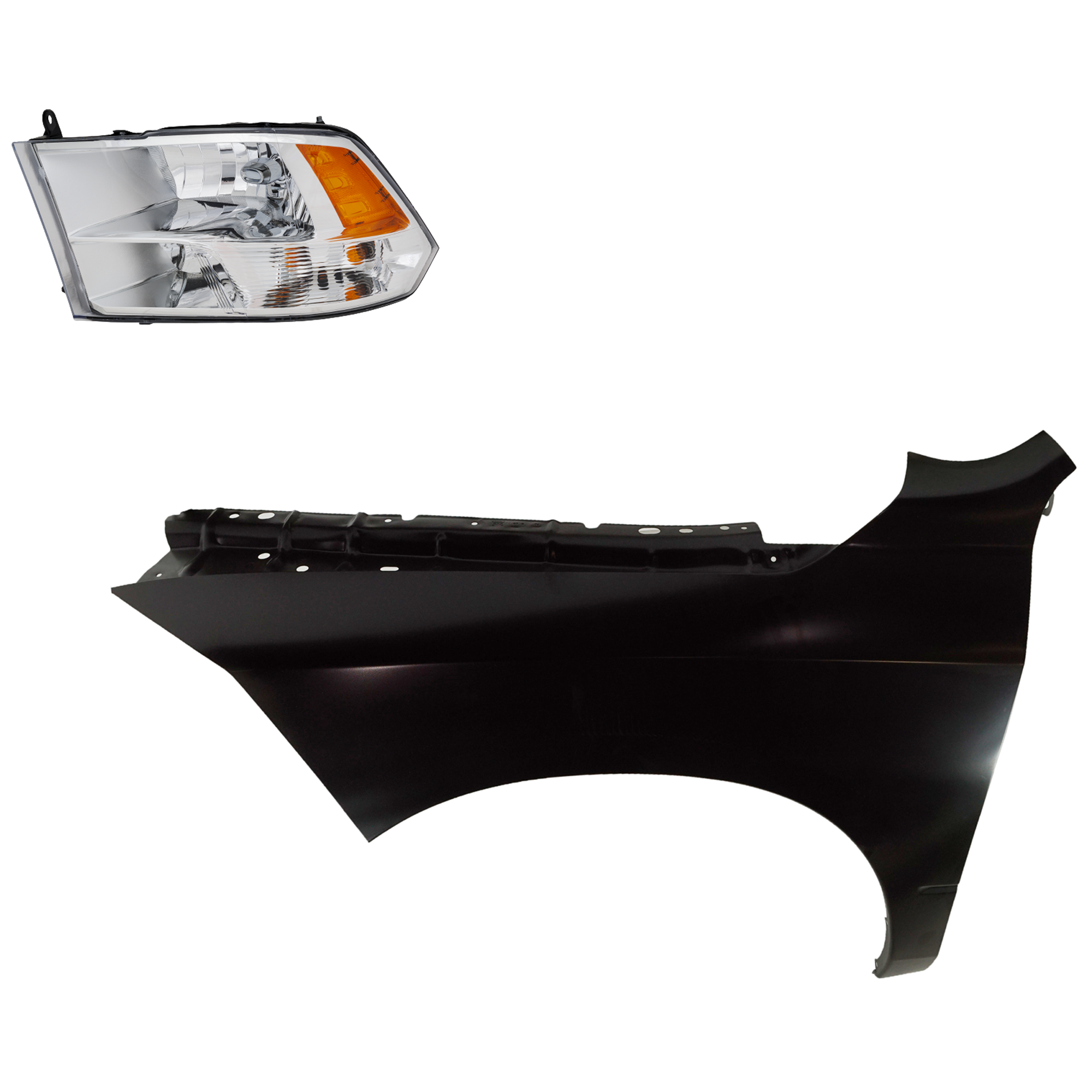 AM RAM FULL SIZE P U 09-12 HEAD LAMP LH Assembly Halogen 2 pc Kit with Fender SKU KIT 022423-79105 Partslink CH2502281 CH1240269 OEM 68001485AH PFM 68054339AJ 6805
