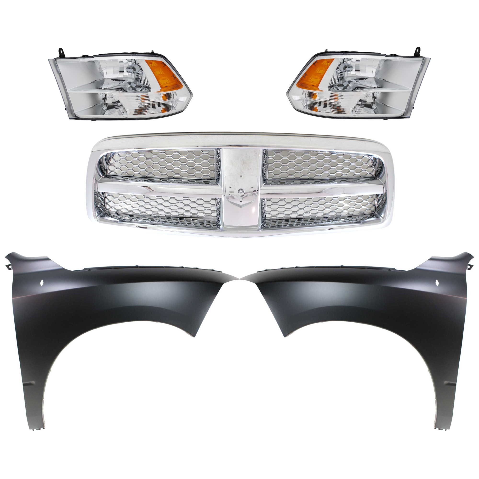 AM RAM 1500 P U 09-12 GRILLE Chrome Shell and Insert 5 pc Kit with Fenders and Headlights SKU KIT 022423-791 Partslink CH1200326 CH1241269 CH1240269 CH2503281 CH2502281 OEM 55372059AB 68054338AJ 68054338