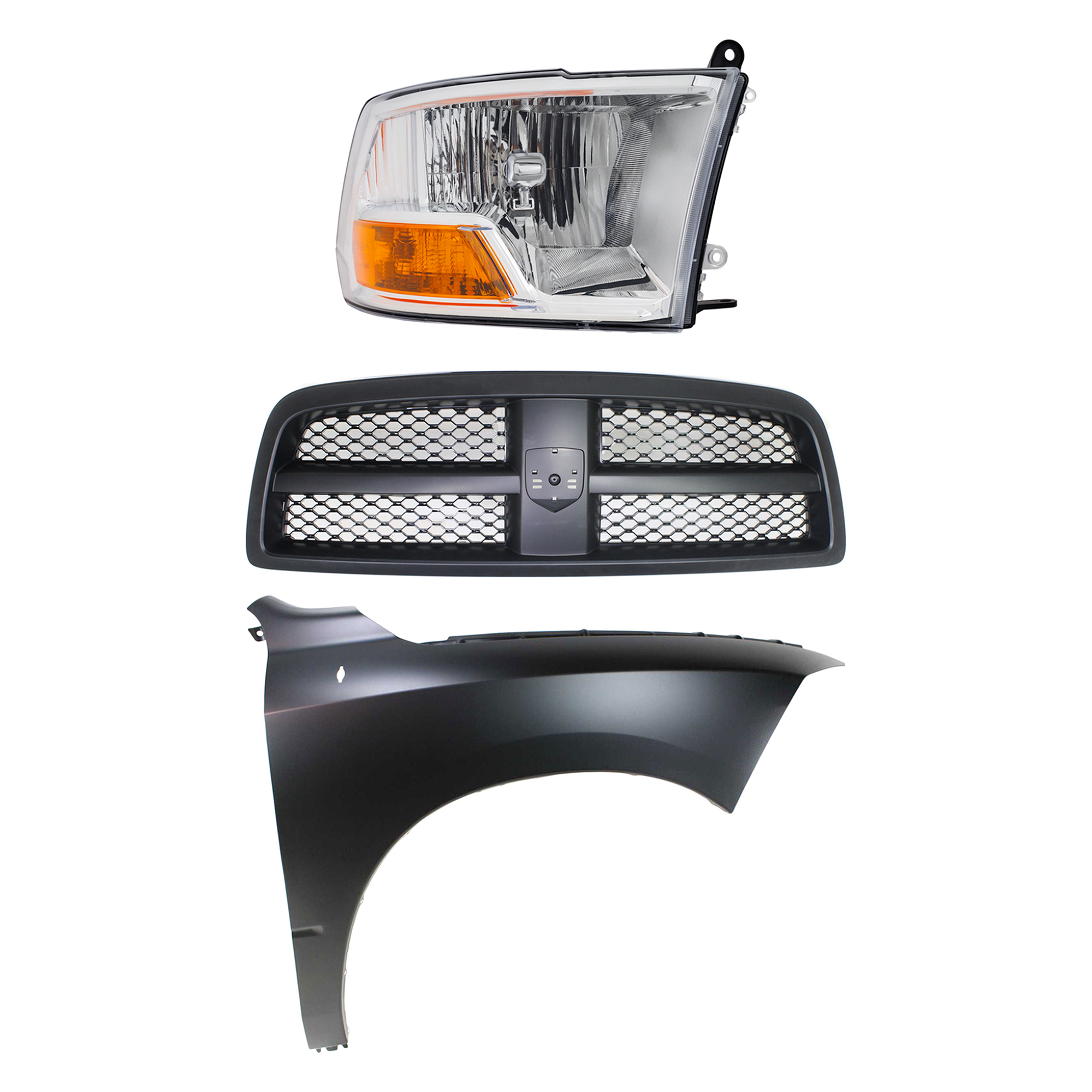AM RAM 1500-11-12 GRILLE Painted Black Shell and Insert 3 pc Kit with Fender and Headlight SKU KIT 022423-79401 Partslink CH1200327 CH1241269 CH2503217 OEM 68234161AA 68054338AJ 68054338