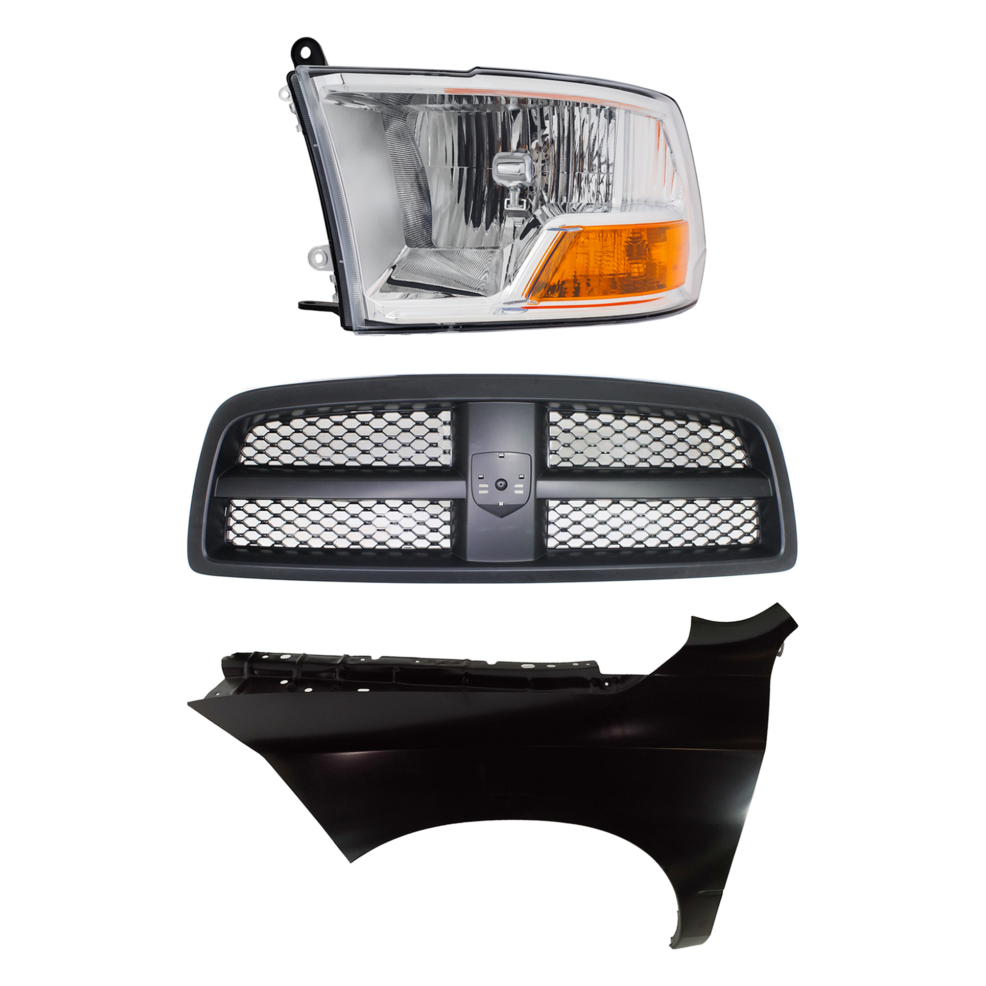 AM RAM 1500 P U 09-12 GRILLE Painted Black Shell and Insert 3 pc Kit with Fender and Headlight SKU KIT 022423-79402 Partslink CH1200327 CH1240269 CH2502217 OEM 68234161AA 68054339AJ 68054339