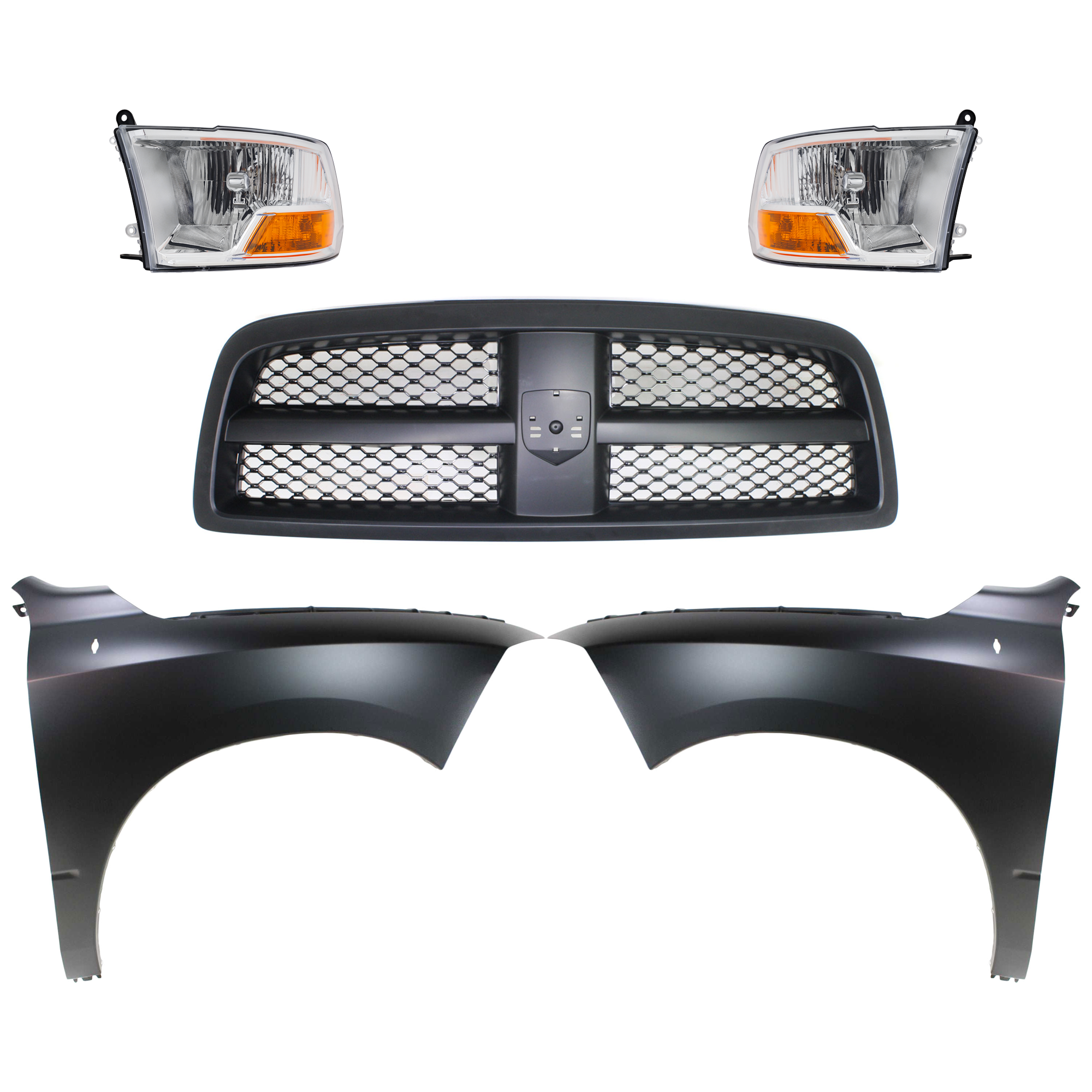 AM RAM 1500 P U 09-12 GRILLE Painted Black Shell and Insert 5 pc Kit with Fenders and Headlights SKU KIT 022423-794 Partslink CH1200327 CH1241269 CH1240269 CH2503217 CH2502217 OEM 68234161AA 68054338AJ 68054338