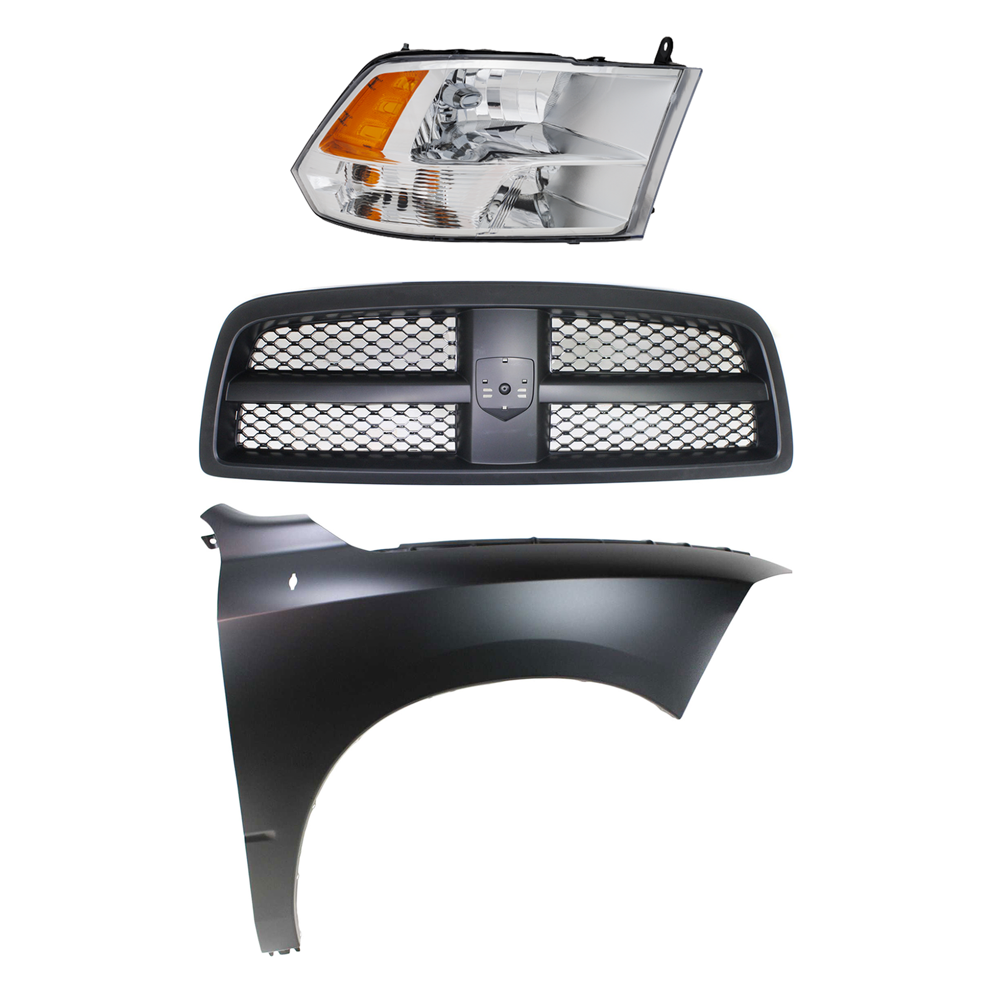 AM RAM 1500-11-12 GRILLE Painted Black Shell and Insert 3 pc Kit with Fender and Headlight SKU KIT 022423-79501 Partslink CH1200327 CH1241269 CH2503281 OEM 68234161AA 68054338AJ 68054338