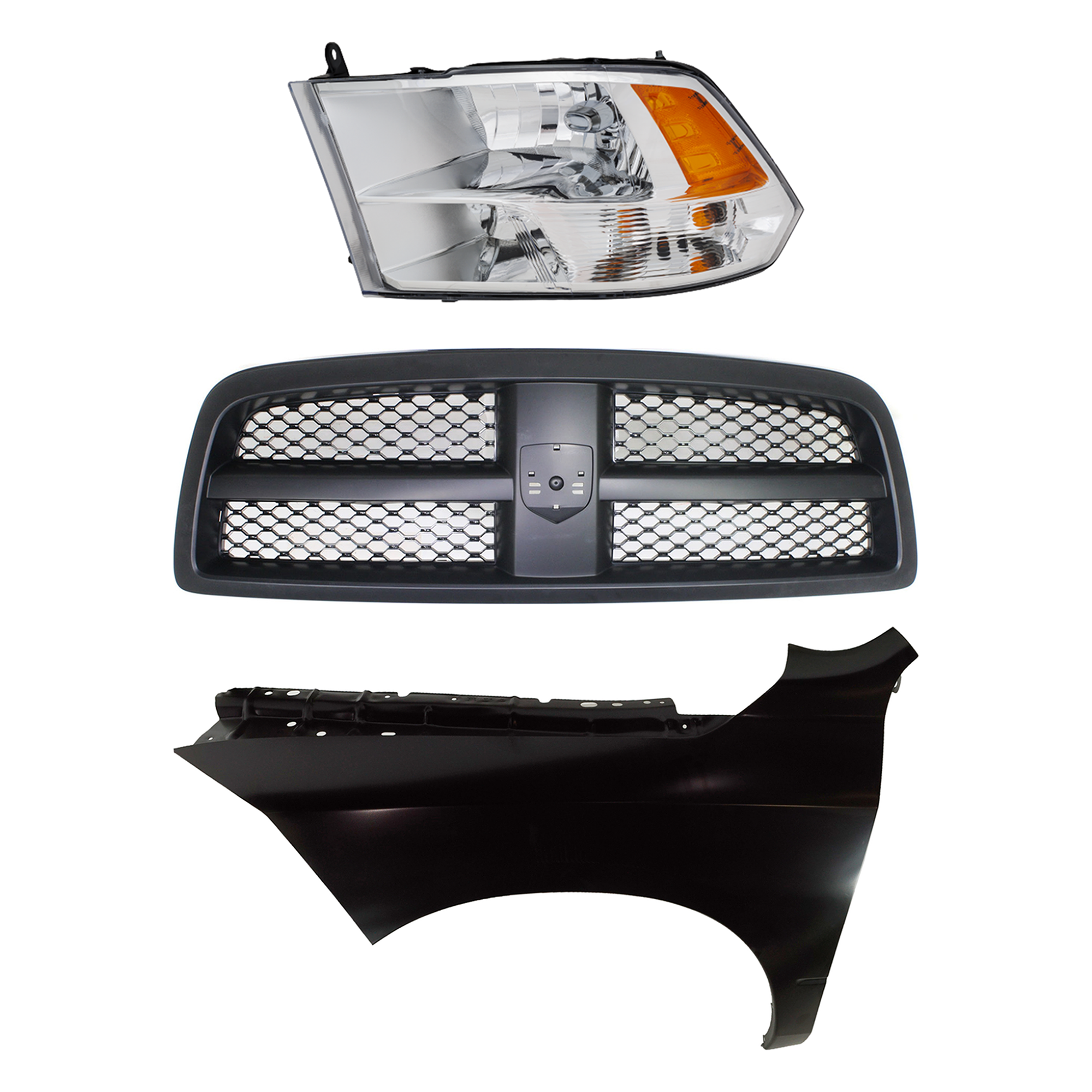 AM RAM 1500 P U 09-12 GRILLE Painted Black Shell and Insert 3 pc Kit with Fender and Headlight SKU KIT 022423-79502 Partslink CH1200327 CH1240269 CH2502281 OEM 68234161AA 68054339AJ 68054339