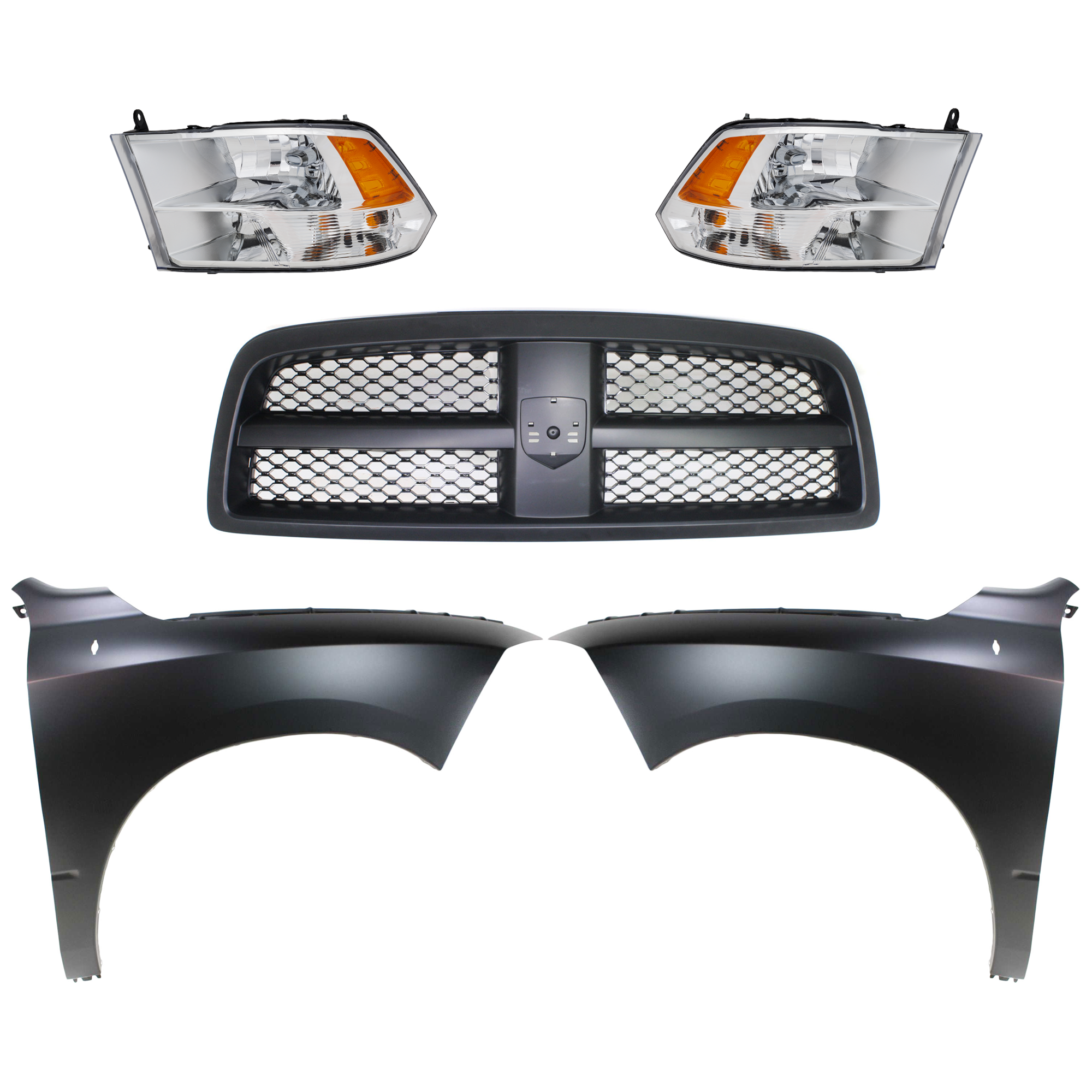 AM RAM 1500 P U 09-12 GRILLE Painted Black Shell and Insert 5 pc Kit with Fenders and Headlights SKU KIT 022423-795 Partslink CH1200327 CH1241269 CH1240269 CH2503281 CH2502281 OEM 68234161AA 68054338AJ 68054338