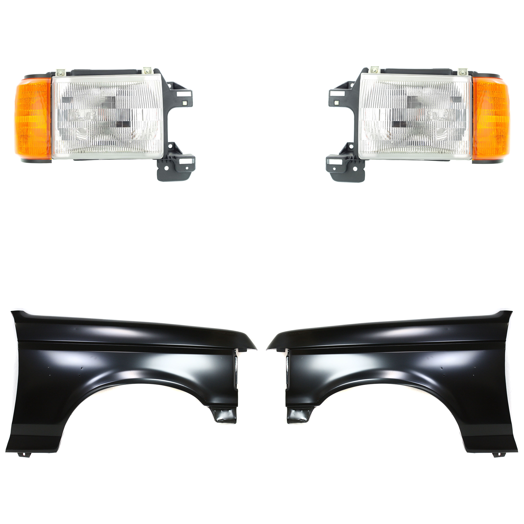 AM F 150 F 250 F 350-87-91 FRONT FENDER RH AND LH Primed 4 pc Kit with Headlights SKU KIT 022423-80003 Partslink FO1240124 FO1241122 FO2502104 FO2503104 OEM E7TZ16005A E8TZ16006A E9TZ1300