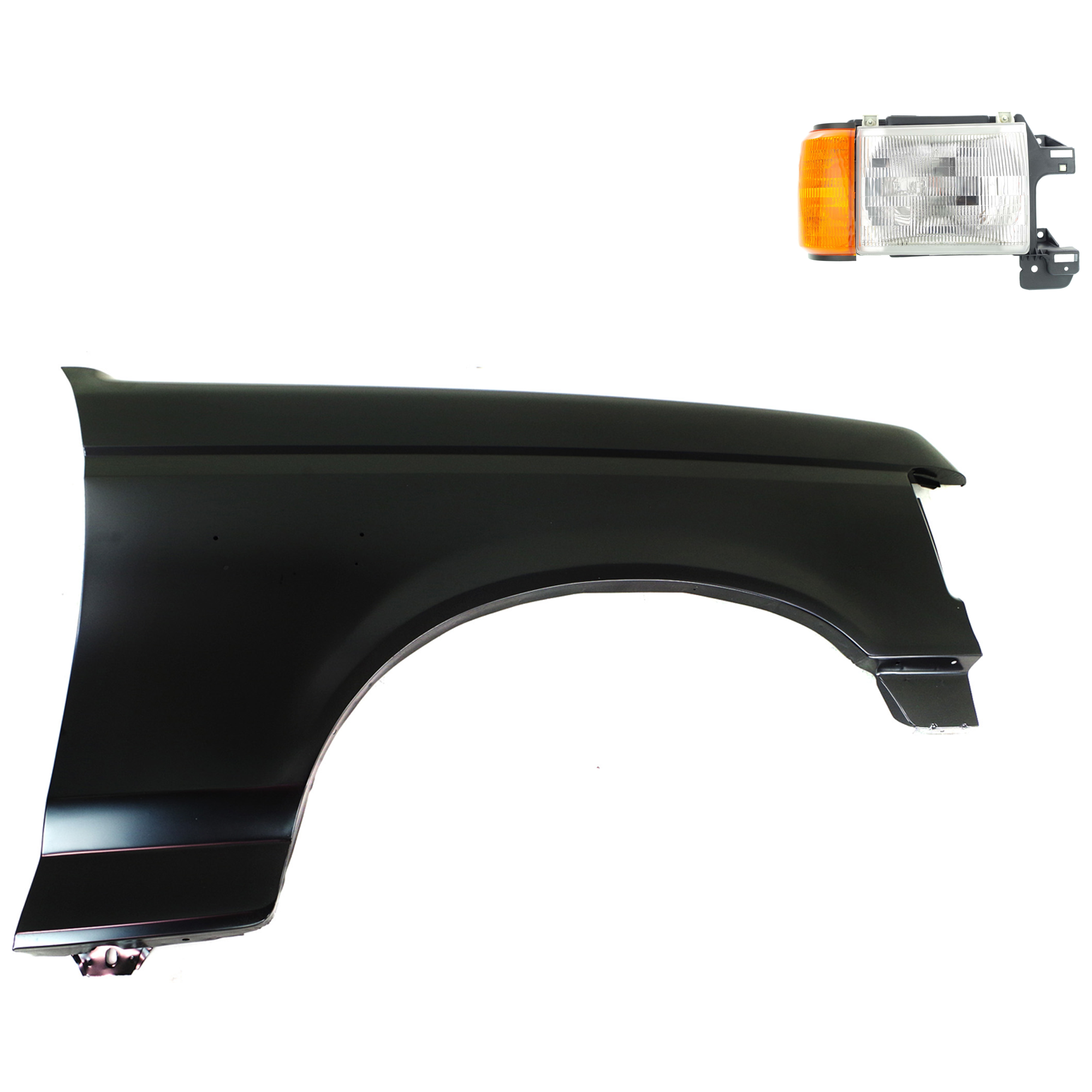 AM F 150 F 250 F 350-87-91 FRONT FENDER RH Primed 2 pc Kit with Headlight SKU KIT 022423-80004 Partslink FO1241122 FO2503104 OEM E7TZ16005A E9TZ13008C