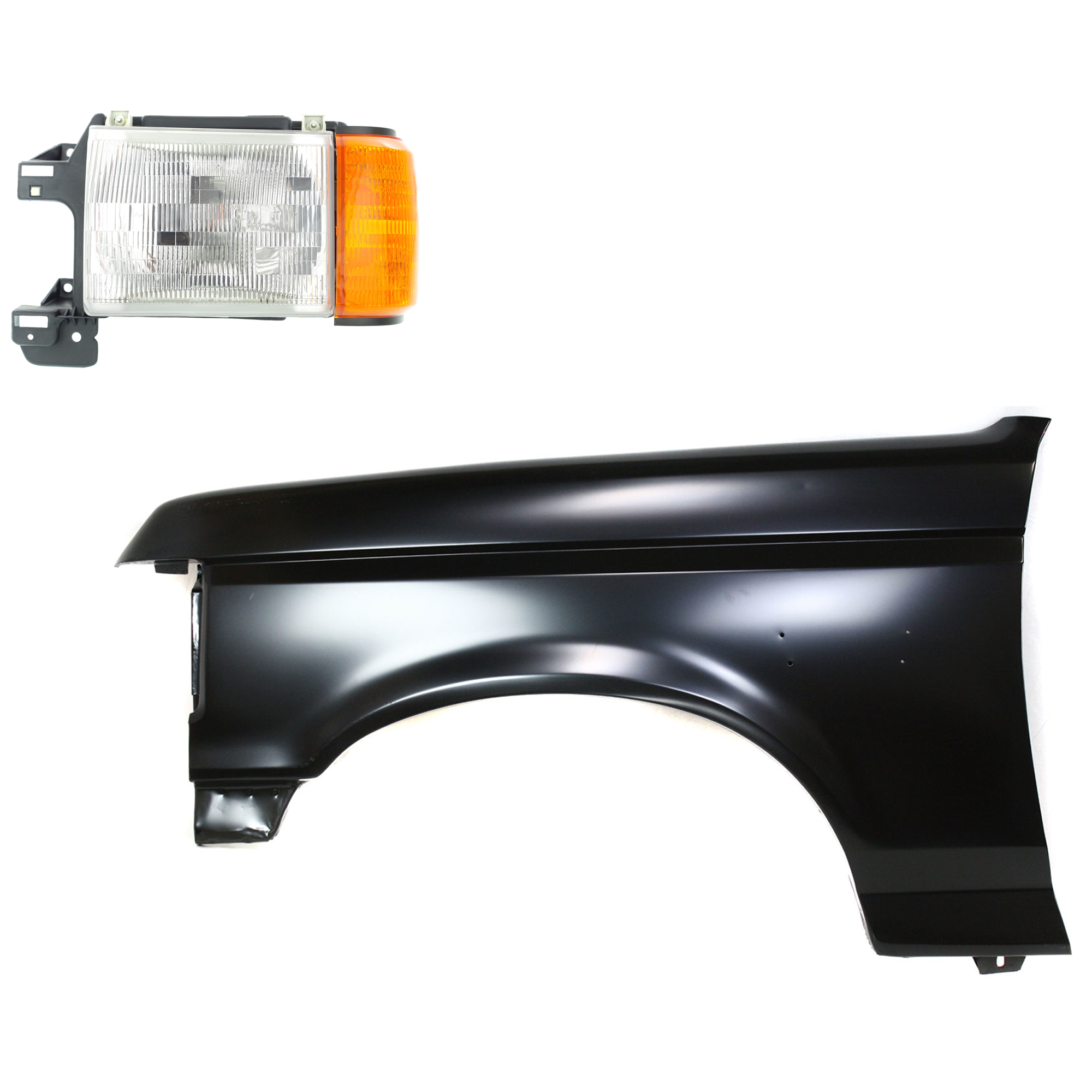 AM F 150 F 250 F 350-87-91 HEAD LAMP LH Halogen Assembly 2 pc Kit with Fender SKU KIT 022423-80005 Partslink FO2502104 FO1240124 OEM E9TZ13008D E8TZ16006A