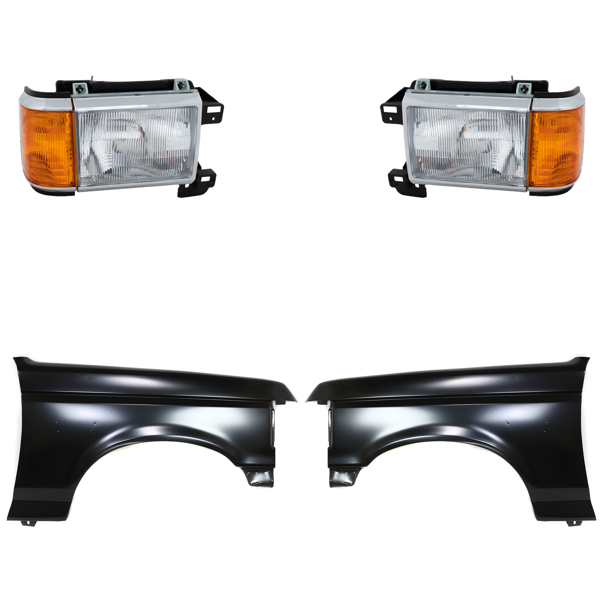 AM F 150 F 250 F 350-87-91 FRONT FENDER RH AND LH Primed 4 pc Kit with Headlights SKU KIT 022423-80103 Partslink FO1240124 FO1241122 FO2502105 FO2503105 OEM E7TZ16005A E8TZ16006A E9TZ1300