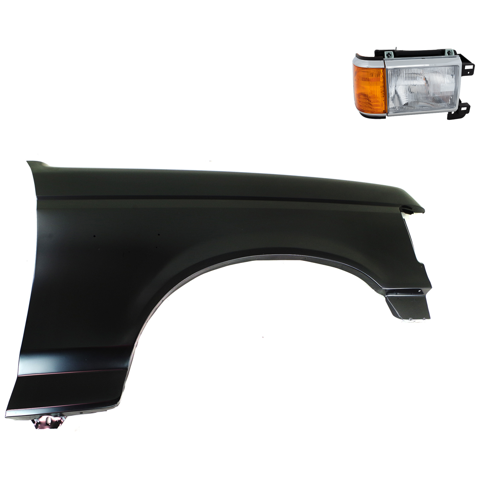 AM F 150 F 250 F 350-87-91 FRONT FENDER RH Primed 2 pc Kit with Headlight SKU KIT 022423-80104 Partslink FO1241122 FO2503105 OEM E7TZ16005A E9TZ13008E
