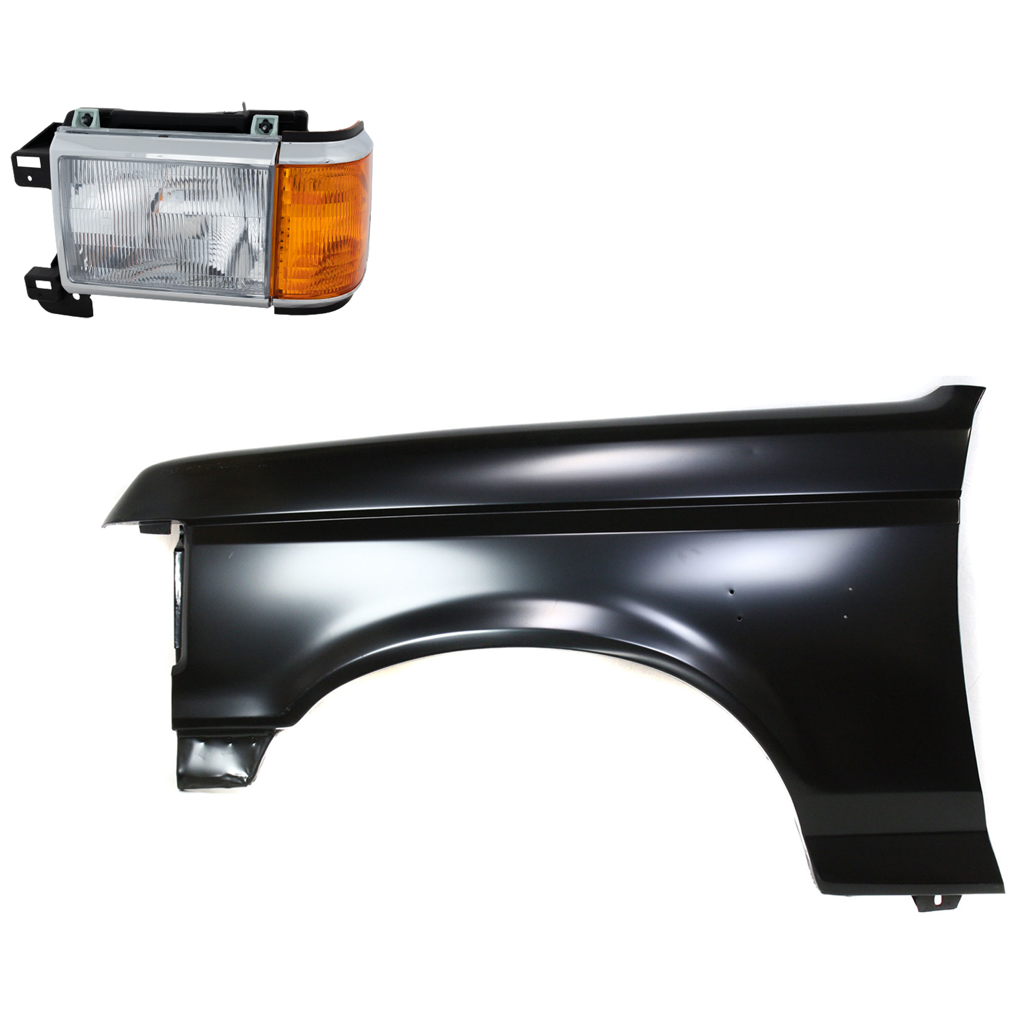 AM F 150 F 250 F 350-87-91 HEAD LAMP LH Halogen Assembly 2 pc Kit with Fender SKU KIT 022423-80105 Partslink FO2502105 FO1240124 OEM E9TZ13008F E8TZ16006A