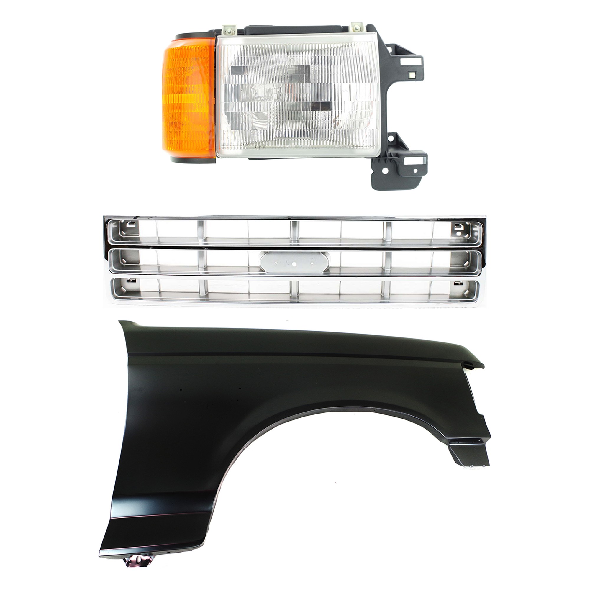 AM BRONCO F 150 F 250 F 350-87-88 FRONT FENDER RH Primed 3 pc Kit with Grille and Headlight SKU KIT 022423-80201 Partslink FO1241122 FO1200129 FO2503104 OEM E7TZ16005A E7TZ8200B E9TZ13008