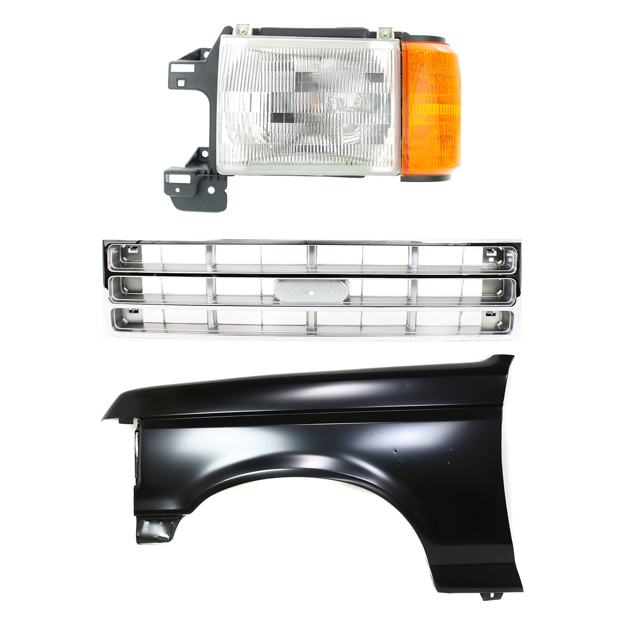 AM BRONCO F 150 F 250 F 350-87-88 FRONT FENDER LH Primed 3 pc Kit with Grille and Headlight SKU KIT 022423-80202 Partslink FO1240124 FO1200129 FO2502104 OEM E8TZ16006A E7TZ8200B E9TZ13008