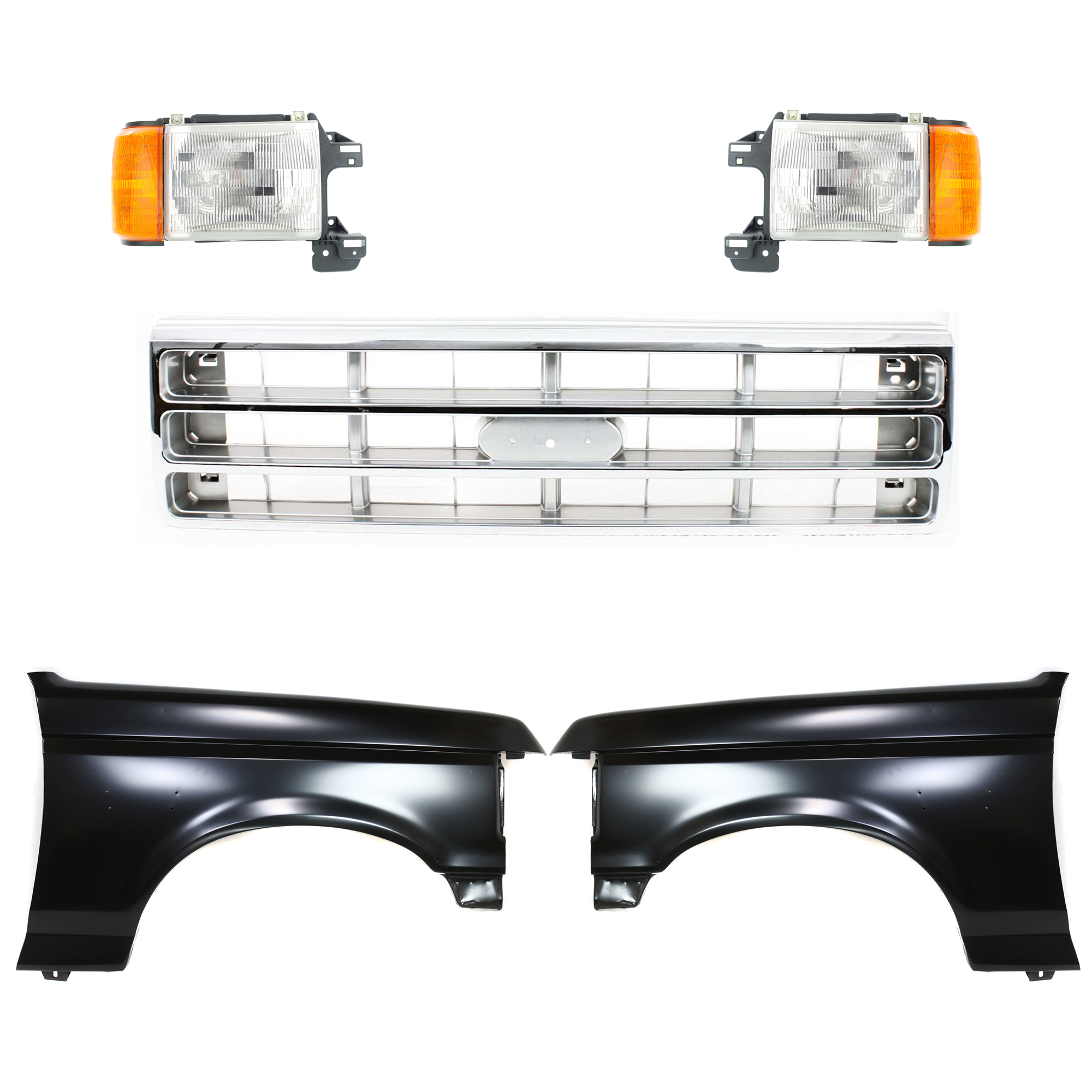 AM BRONCO F 150 F 250 F 350-87-88 FRONT FENDER RH AND LH Primed 5 pc Kit with Grille and Headlights SKU KIT 022423-802 Partslink FO1240124 FO1241122 FO1200129 FO2502104 FO2503104 OEM E7TZ16005A E8TZ16006A E7TZ8200