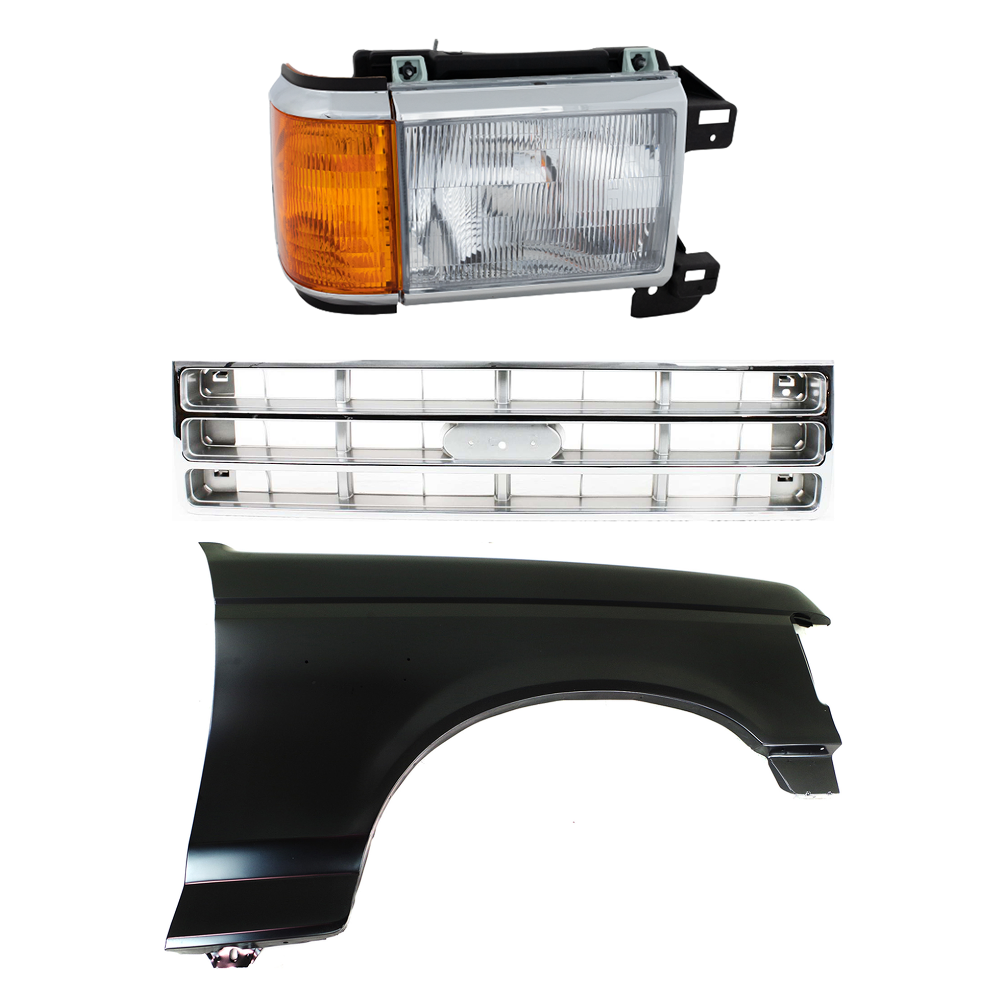 AM BRONCO F 150 F 250 F 350-87-88 FRONT FENDER RH Primed 3 pc Kit with Grille and Headlight SKU KIT 022423-80301 Partslink FO1241122 FO1200129 FO2503105 OEM E7TZ16005A E7TZ8200B E9TZ13008