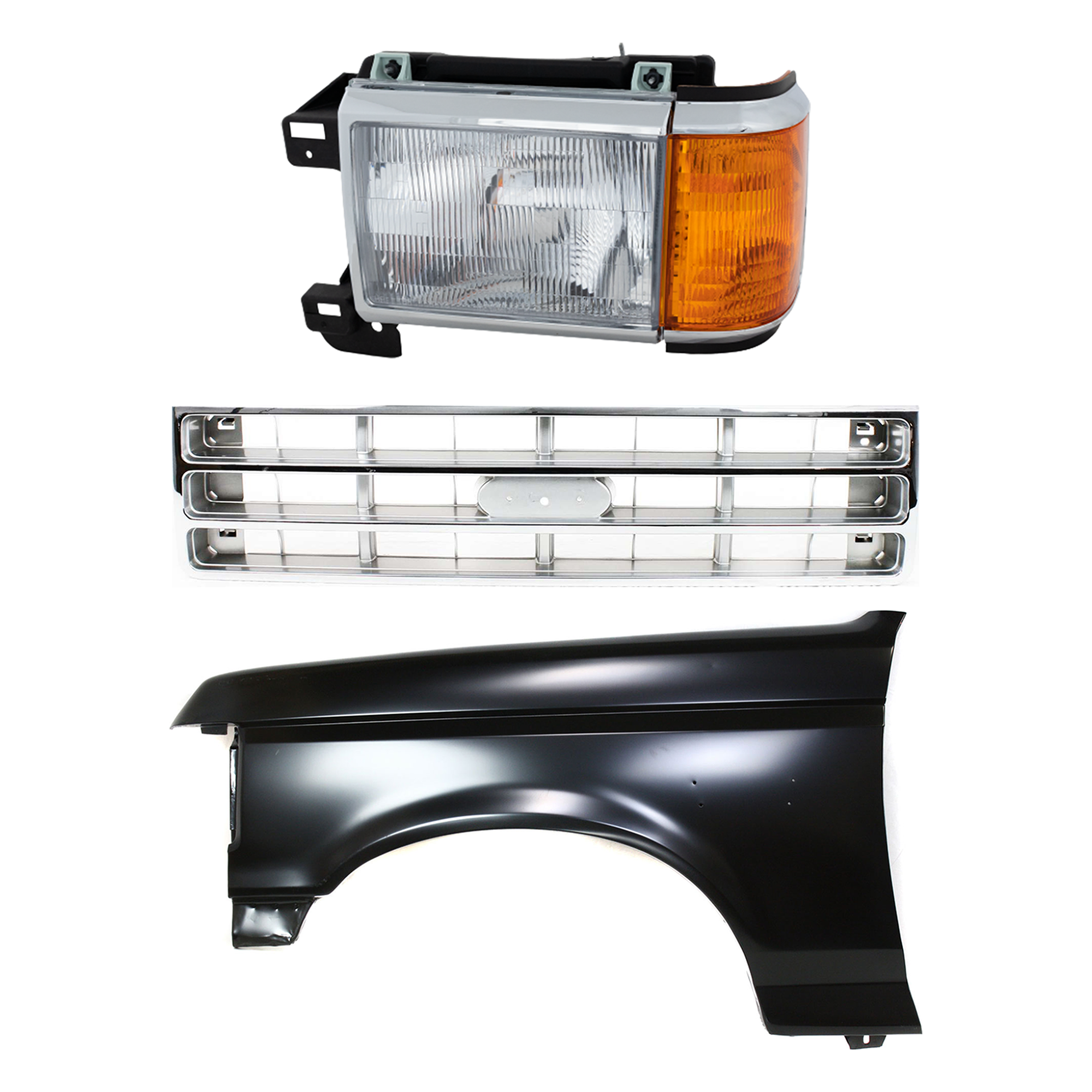 AM BRONCO F 150 F 250 F 350-87-88 FRONT FENDER LH Primed 3 pc Kit with Grille and Headlight SKU KIT 022423-80302 Partslink FO1240124 FO1200129 FO2502105 OEM E8TZ16006A E7TZ8200B E9TZ13008
