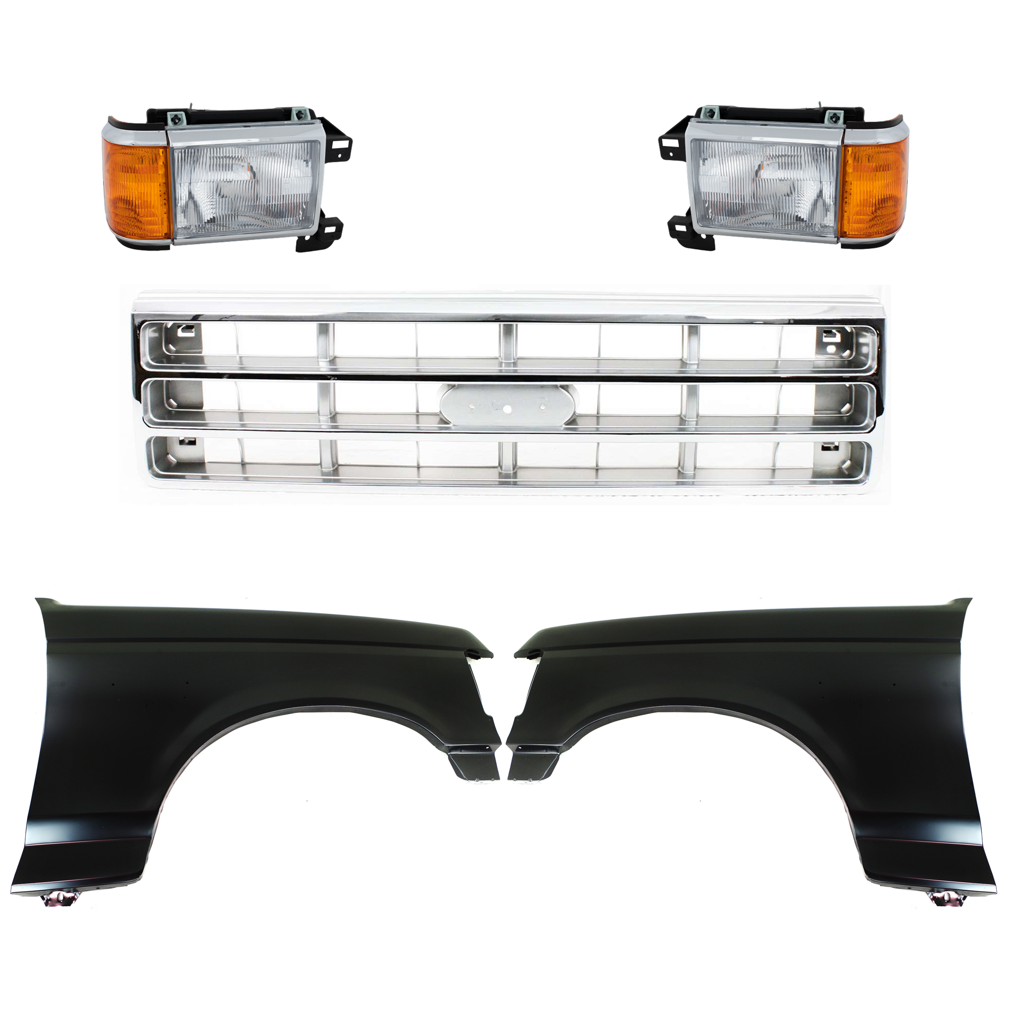AM BRONCO F 150 F 250 F 350-87-88 FRONT FENDER RH AND LH Primed 5 pc Kit with Grille and Headlights SKU KIT 022423-803 Partslink FO1240124 FO1241122 FO1200129 FO2503105 FO2502105 OEM E7TZ16005A E8TZ16006A E7TZ8200
