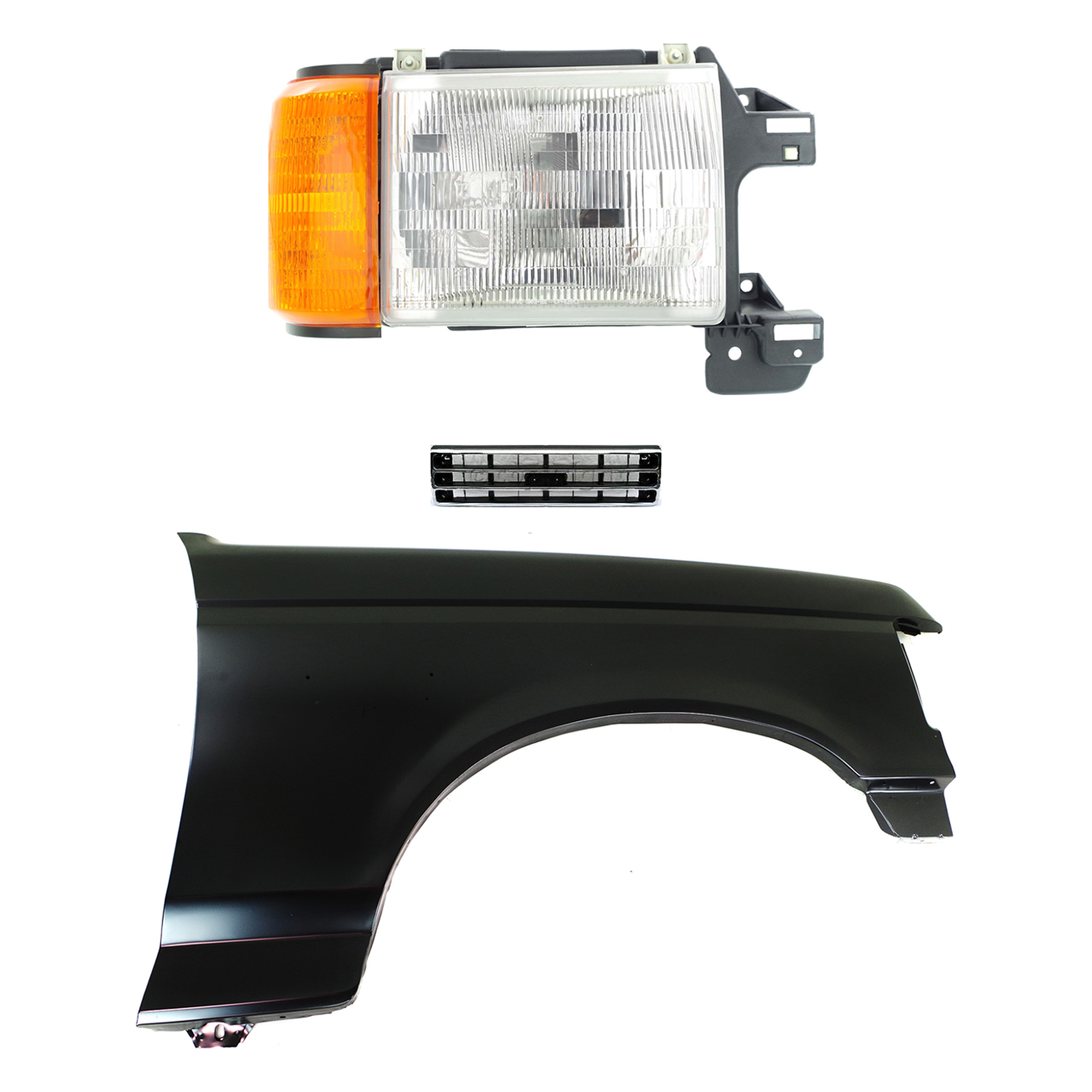 AM BRONCO F 150 F 250 F 350-89-91 FRONT FENDER RH Primed 3 pc Kit with Grille and Headlight SKU KIT 022423-80601 Partslink FO1241122 FO1200141 FO2503104 OEM E7TZ16005A E9TZ8200A E9TZ13008