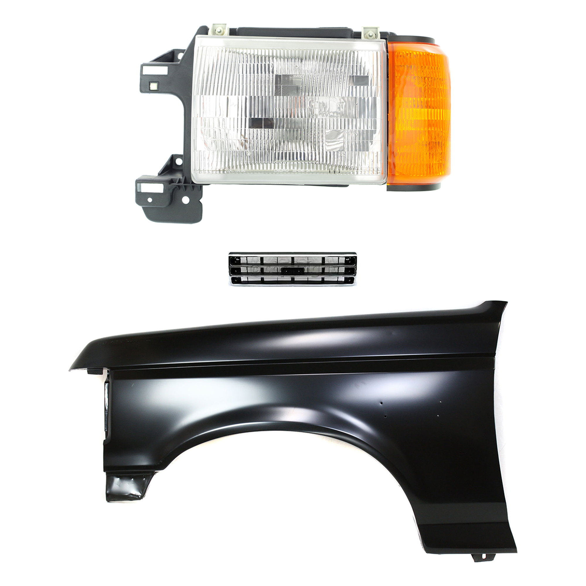 AM BRONCO F 150 F 250 F 350-89-91 FRONT FENDER LH Primed 3 pc Kit with Grille and Headlight SKU KIT 022423-80602 Partslink FO1240124 FO1200141 FO2502104 OEM E8TZ16006A E9TZ8200A E9TZ13008