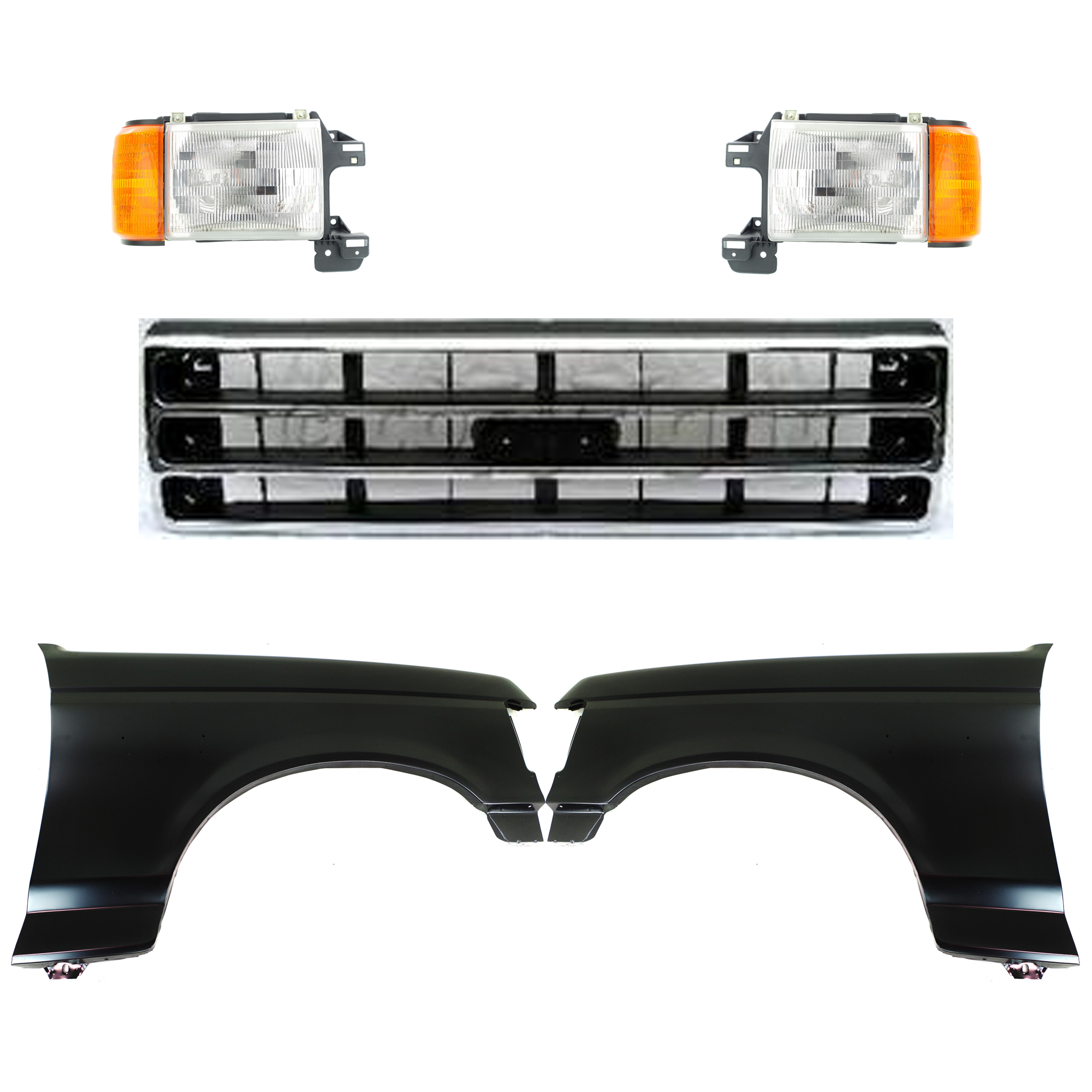 AM BRONCO F 150 F 250 F 350-89-91 FRONT FENDER RH AND LH Primed 5 pc Kit with Grille and Headlights SKU KIT 022423-806 Partslink FO1240124 FO1241122 FO1200141 FO2502104 FO2503104 OEM E7TZ16005A E8TZ16006A E9TZ8200
