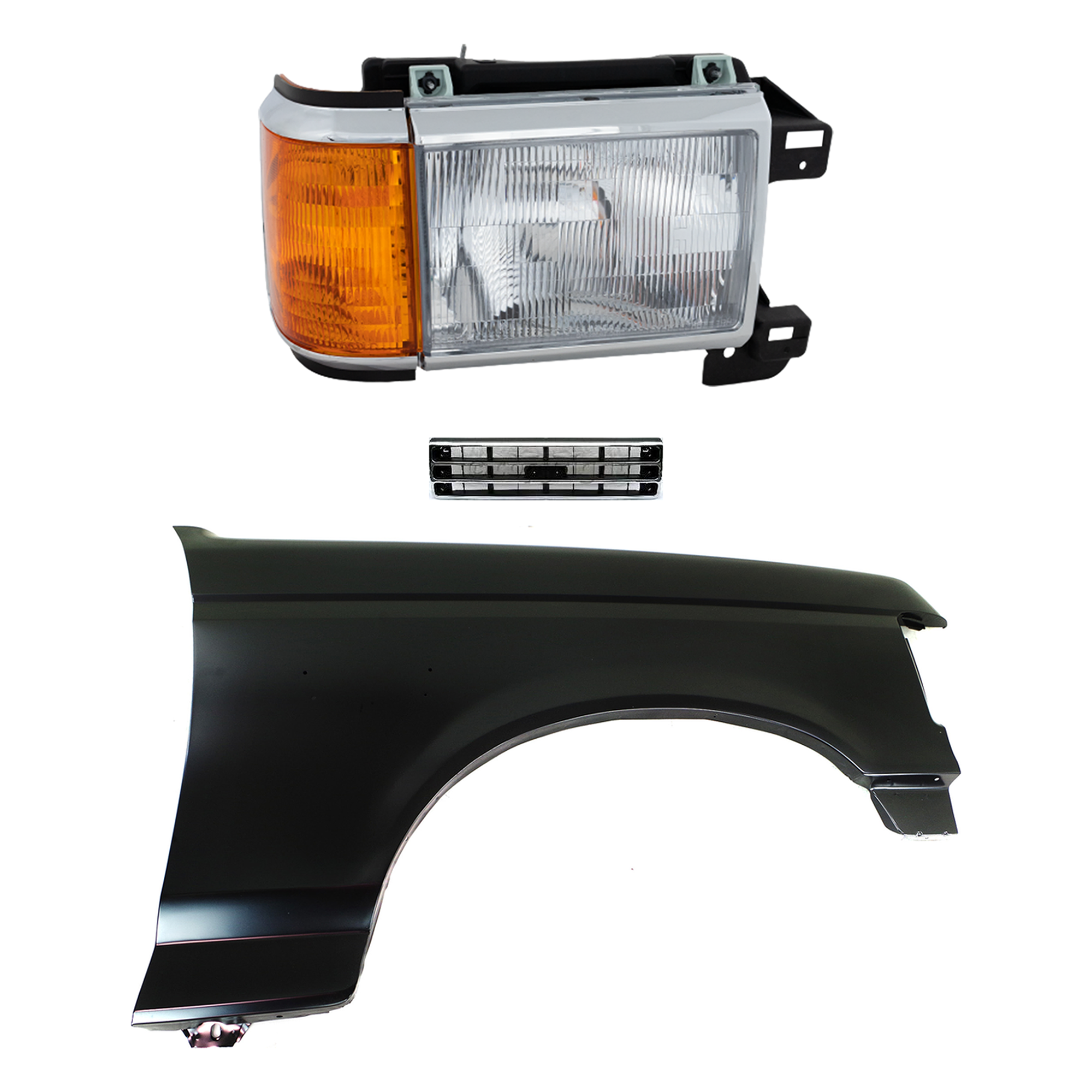 AM BRONCO F 150 F 250 F 350-89-91 FRONT FENDER RH Primed 3 pc Kit with Grille and Headlight SKU KIT 022423-80701 Partslink FO1241122 FO1200141 FO2503105 OEM E7TZ16005A E9TZ8200A E9TZ13008