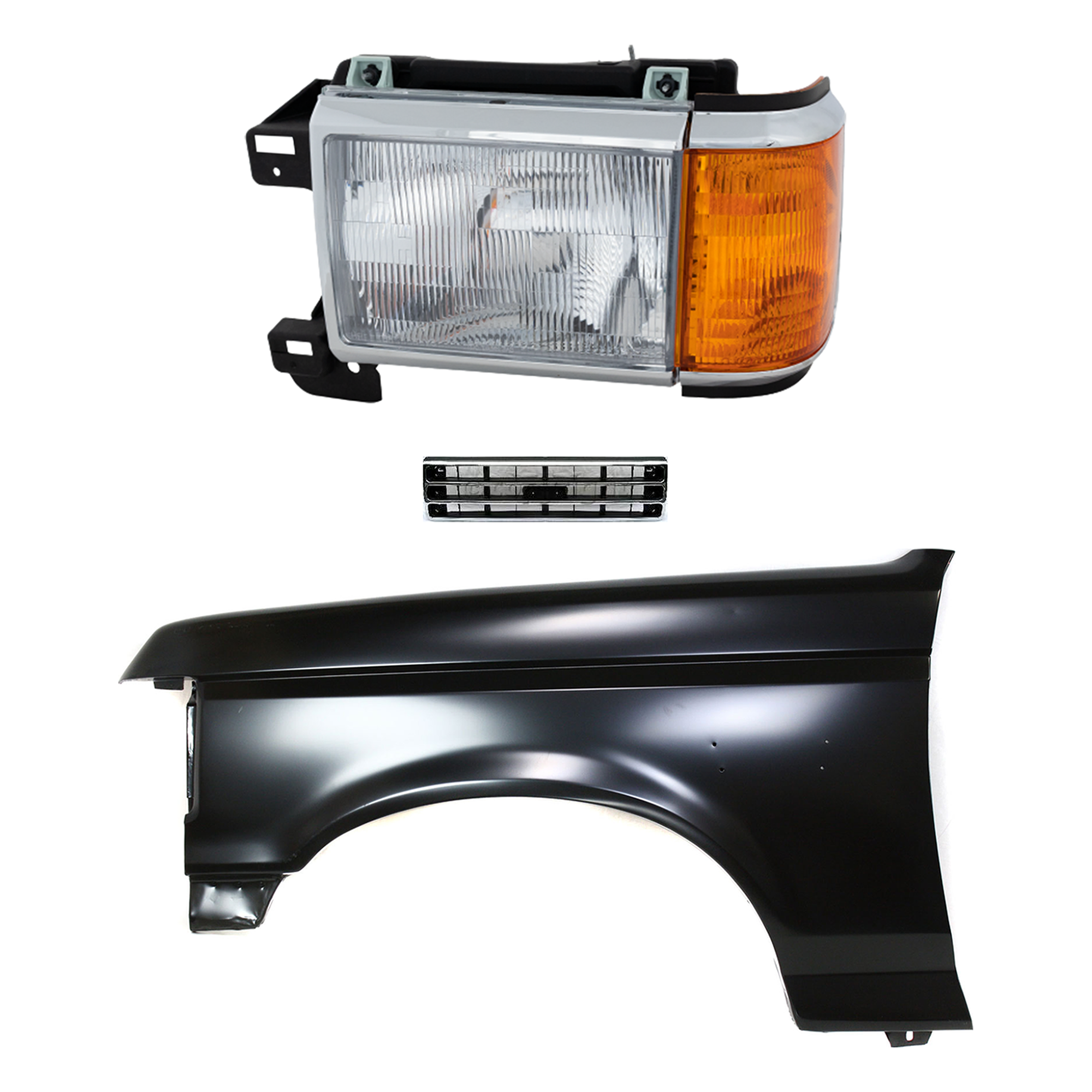 AM BRONCO F 150 F 250 F 350-89-91 FRONT FENDER LH Primed 3 pc Kit with Grille and Headlight SKU KIT 022423-80702 Partslink FO1240124 FO1200141 FO2502105 OEM E8TZ16006A E9TZ8200A E9TZ13008
