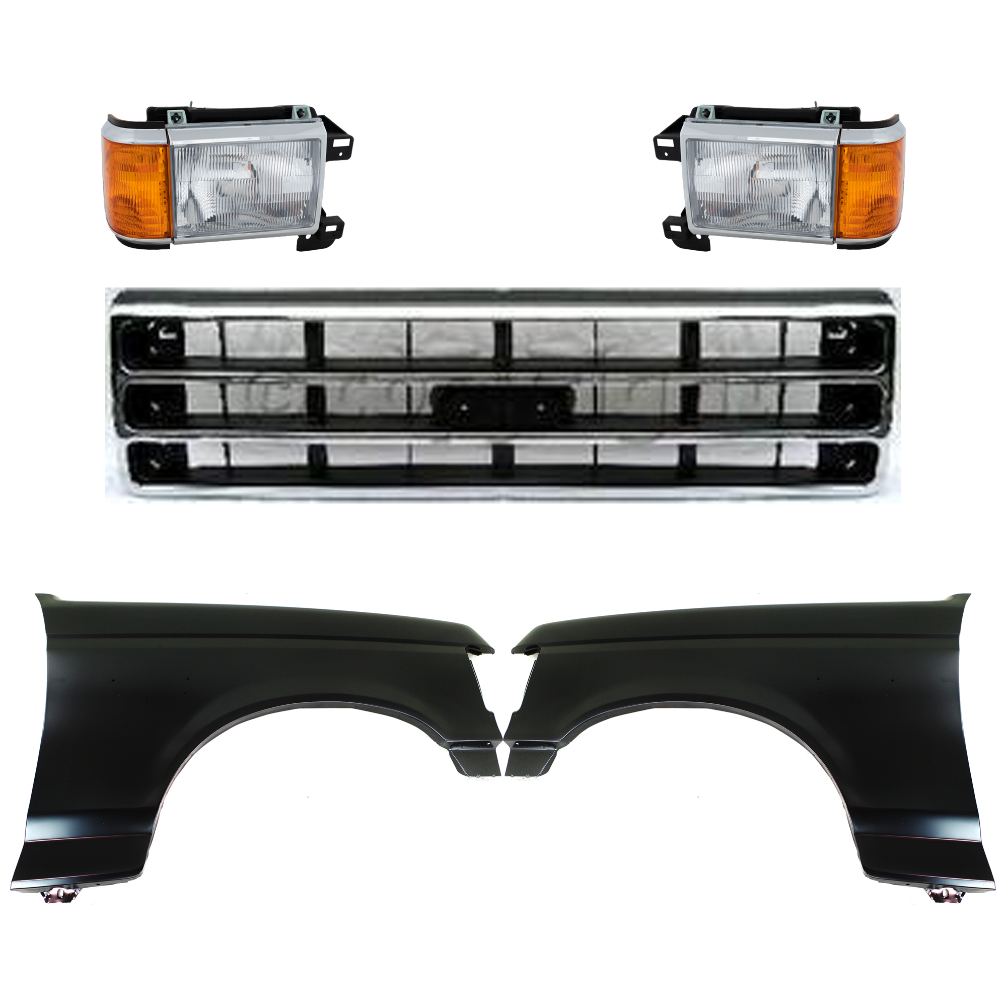 AM BRONCO F 150 F 250 F 350-89-91 FRONT FENDER RH AND LH Primed 5 pc Kit with Grille and Headlights SKU KIT 022423-807 Partslink FO1240124 FO1241122 FO1200141 FO2503105 FO2502105 OEM E7TZ16005A E8TZ16006A E9TZ8200