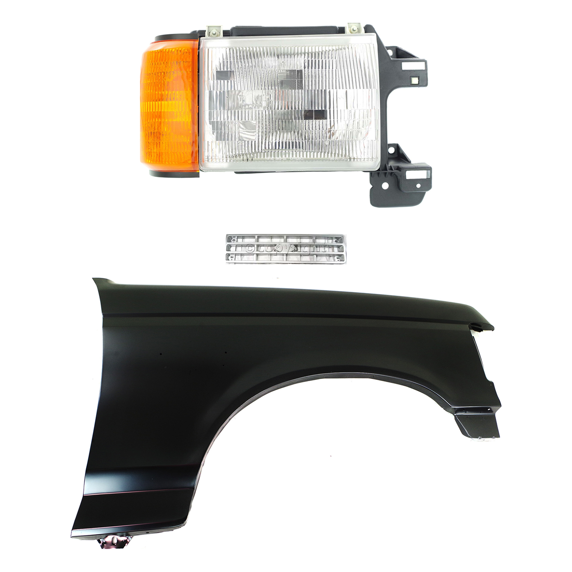 AM BRONCO F 150 F 250 F 350-89-91 FRONT FENDER RH Primed 3 pc Kit with Grille and Headlight SKU KIT 022423-80901 Partslink FO1241122 FO1200142 FO2503104 OEM E7TZ16005A E9TZ8200C E9TZ13008