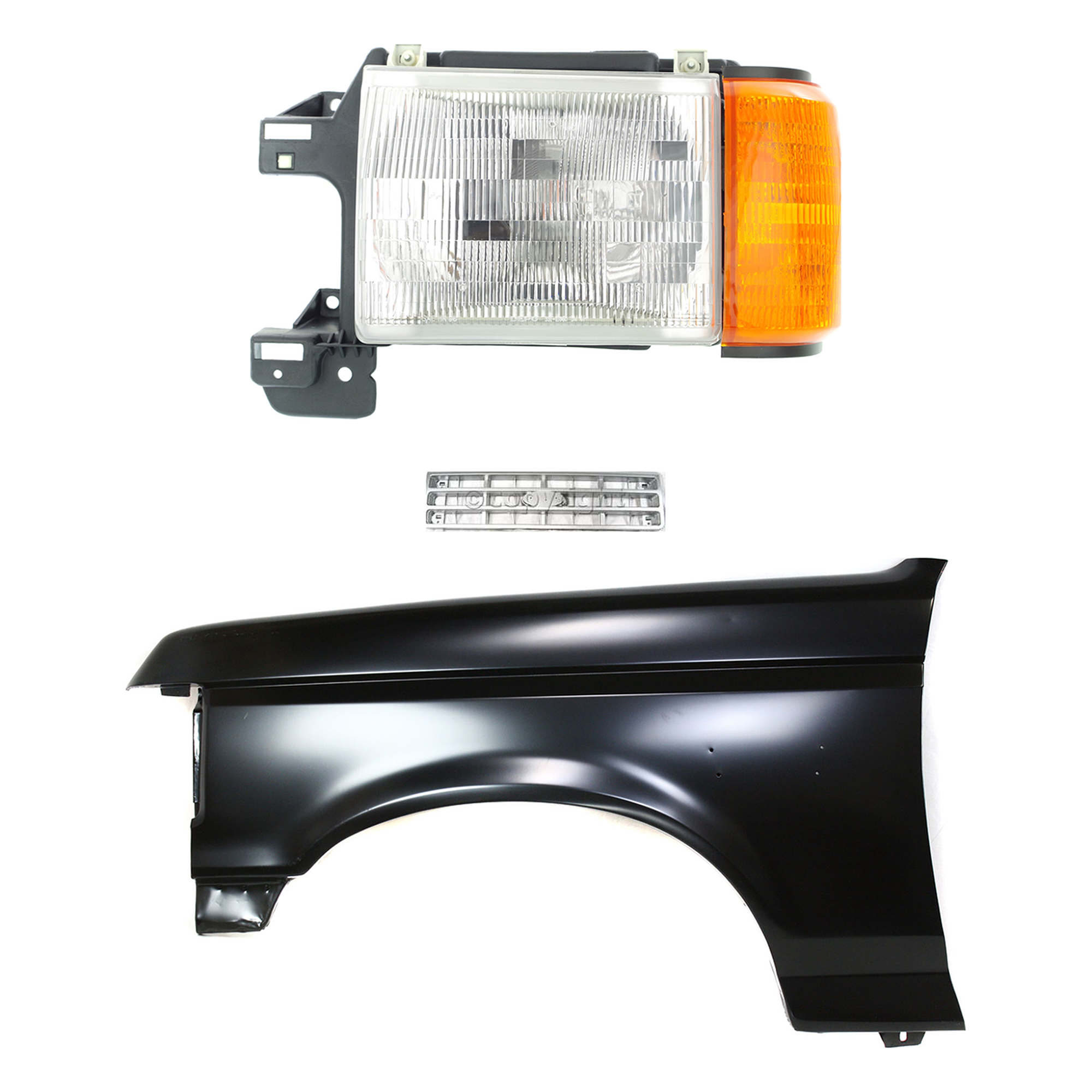 AM BRONCO F 150 F 250 F 350-89-91 FRONT FENDER LH Primed 3 pc Kit with Grille and Headlight SKU KIT 022423-80902 Partslink FO1240124 FO1200142 FO2502104 OEM E8TZ16006A E9TZ8200C E9TZ13008