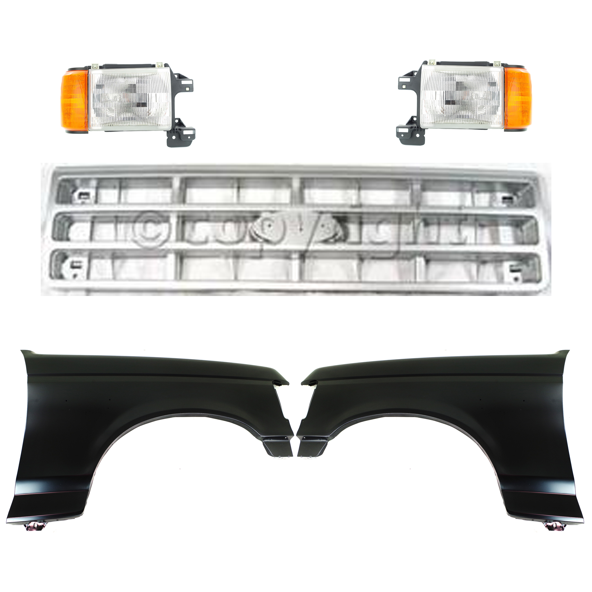 AM BRONCO F 150 F 250 F 350-89-91 FRONT FENDER RH AND LH Primed 5 pc Kit with Grille and Headlights SKU KIT 022423-809 Partslink FO1240124 FO1241122 FO1200142 FO2502104 FO2503104 OEM E7TZ16005A E8TZ16006A E9TZ8200