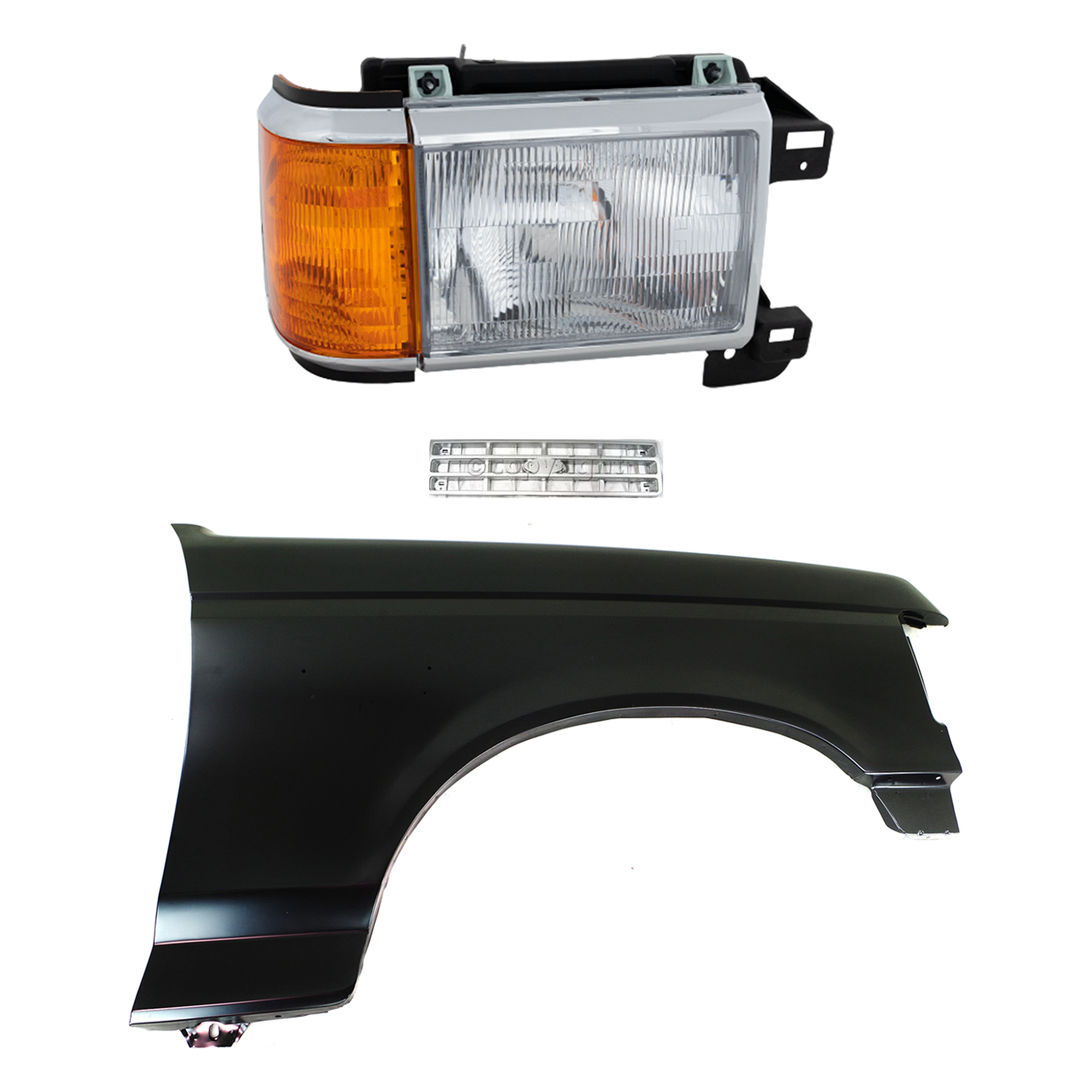 AM BRONCO F 150 F 250 F 350-89-91 FRONT FENDER RH Primed 3 pc Kit with Grille and Headlight SKU KIT 022423-81001 Partslink FO1241122 FO1200142 FO2503105 OEM E7TZ16005A E9TZ8200C E9TZ13008