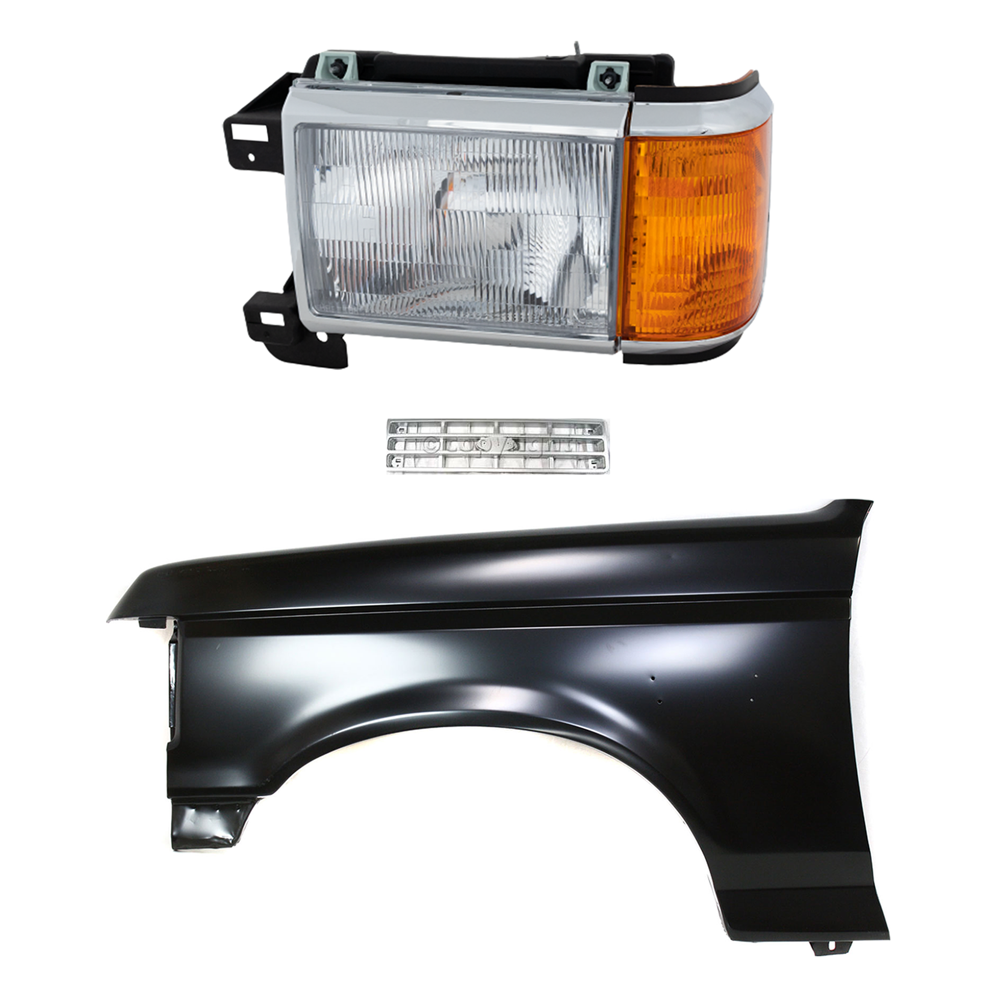 AM BRONCO F 150 F 250 F 350-89-91 FRONT FENDER LH Primed 3 pc Kit with Grille and Headlight SKU KIT 022423-81002 Partslink FO1240124 FO1200142 FO2502105 OEM E8TZ16006A E9TZ8200C E9TZ13008