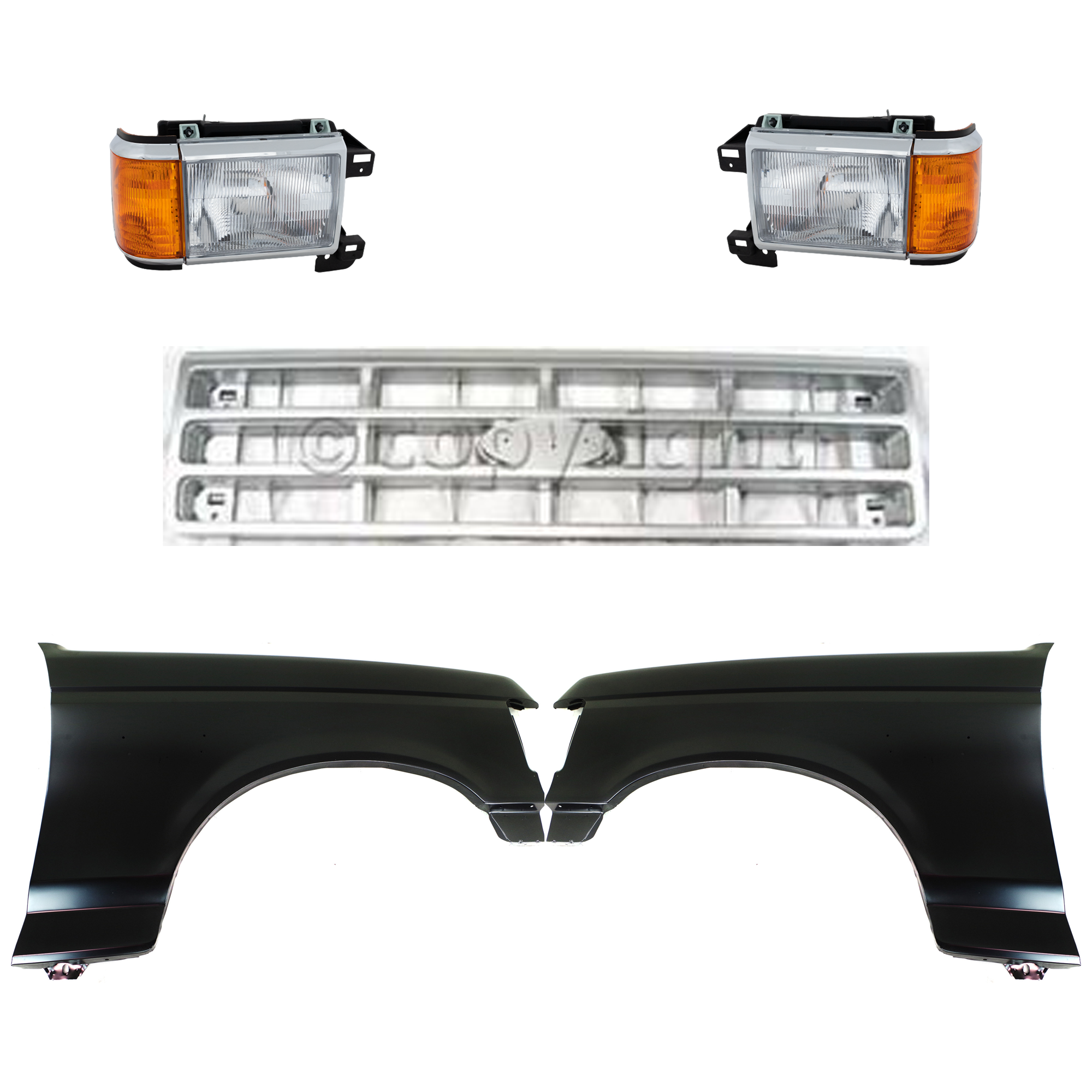 AM BRONCO F 150 F 250 F 350-89-91 FRONT FENDER RH AND LH Primed 5 pc Kit with Grille and Headlights SKU KIT 022423-810 Partslink FO1240124 FO1241122 FO1200142 FO2503105 FO2502105 OEM E7TZ16005A E8TZ16006A E9TZ8200