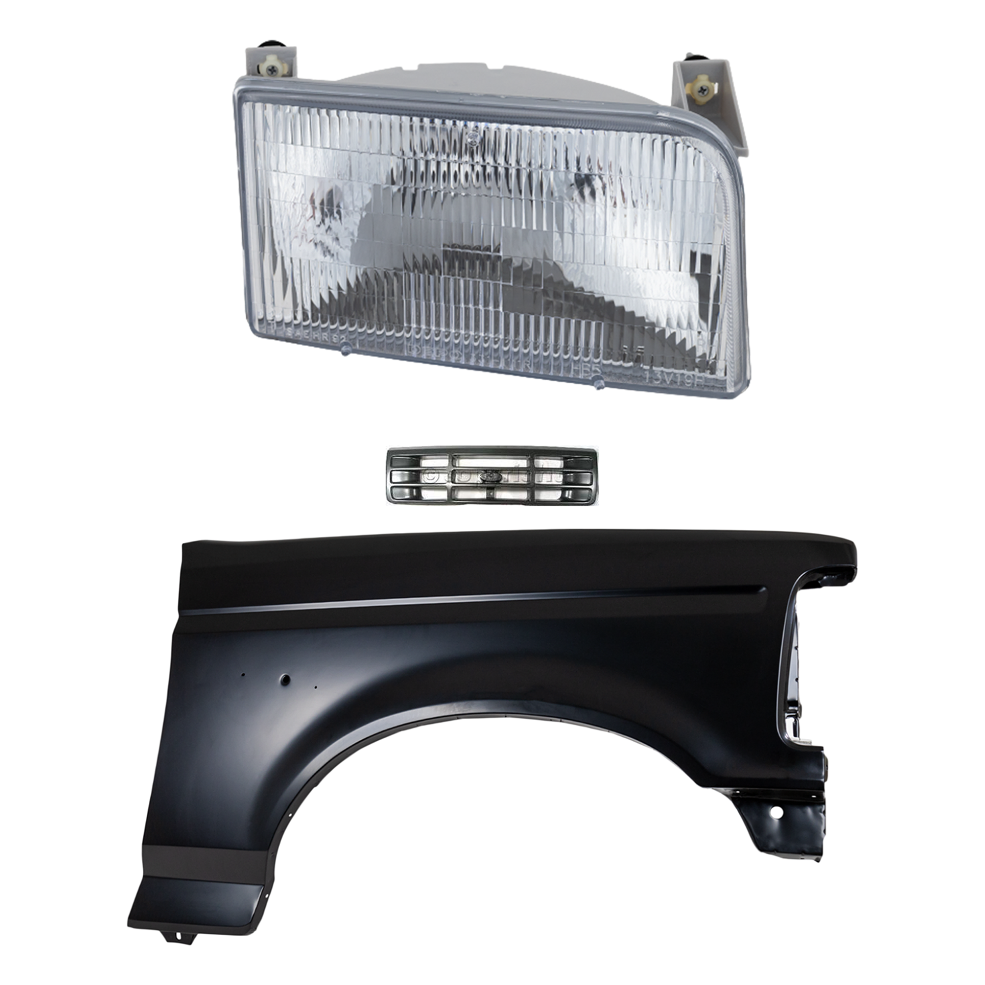 AM F SERIES F SUPER DUTY 92-97 FRONT FENDER RH Primed 3 pc Kit with Grille and Headlight SKU KIT 022423-81201 Partslink FO1241136 FO1200323 FO2503114 OEM F2TZ16005A F6TZ8200AAA F2TZ130