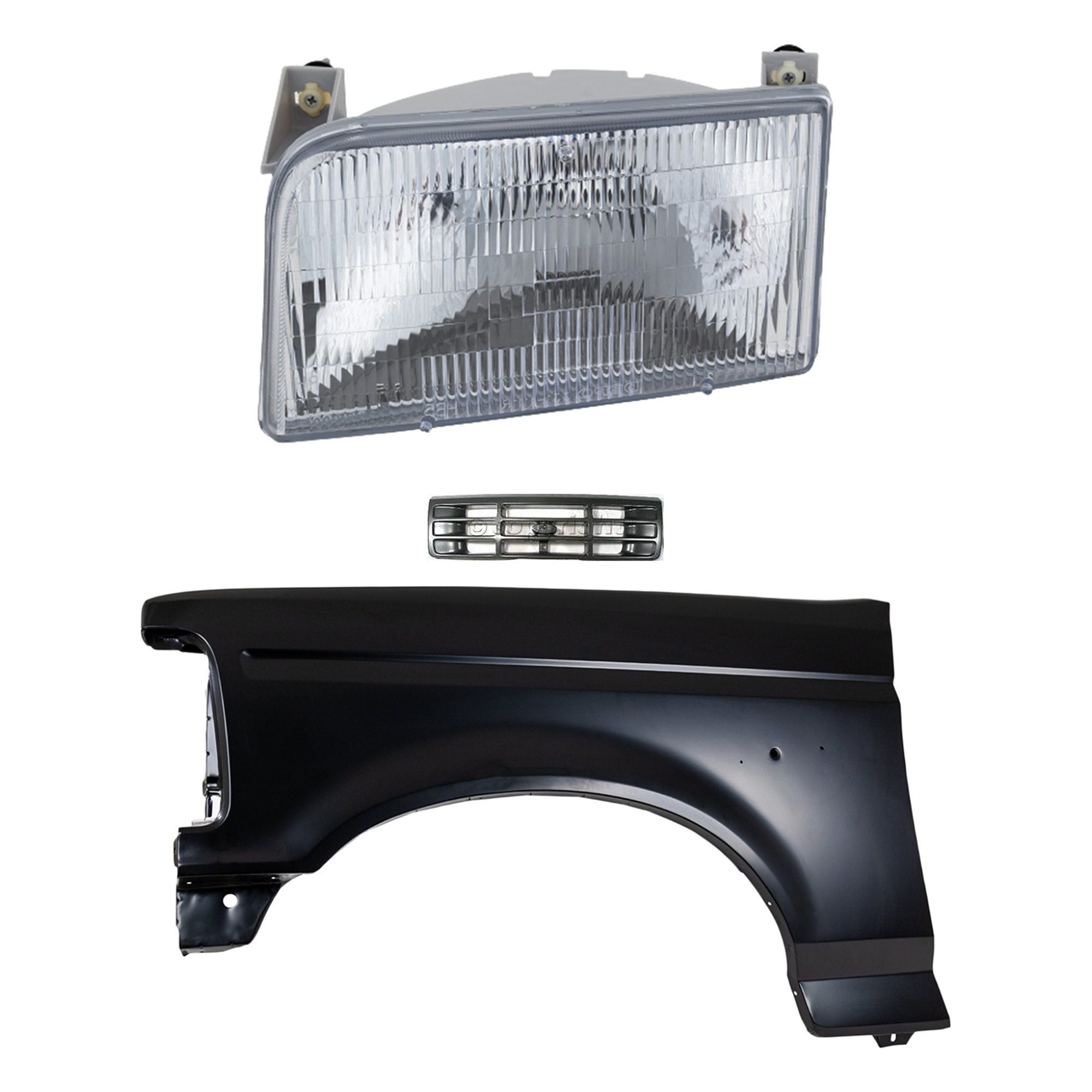 AM F SERIES F SUPER DUTY 92-97 FRONT FENDER LH Primed 3 pc Kit with Grille and Headlight SKU KIT 022423-81202 Partslink FO1240138 FO1200323 FO2502118 OEM F4TZ16006A F6TZ8200AAA F2TZ130