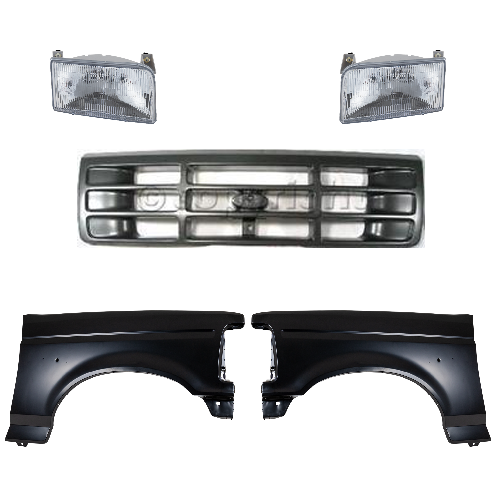 AM F SERIES F SUPER DUTY 92-97 FRONT FENDER RH AND LH Primed 5 pc Kit with Grille and Headlights SKU KIT 022423-812 Partslink FO1240138 FO1241136 FO1200323 FO2502118 FO2503114 OEM F2TZ16005A F4TZ16006A F6TZ8200