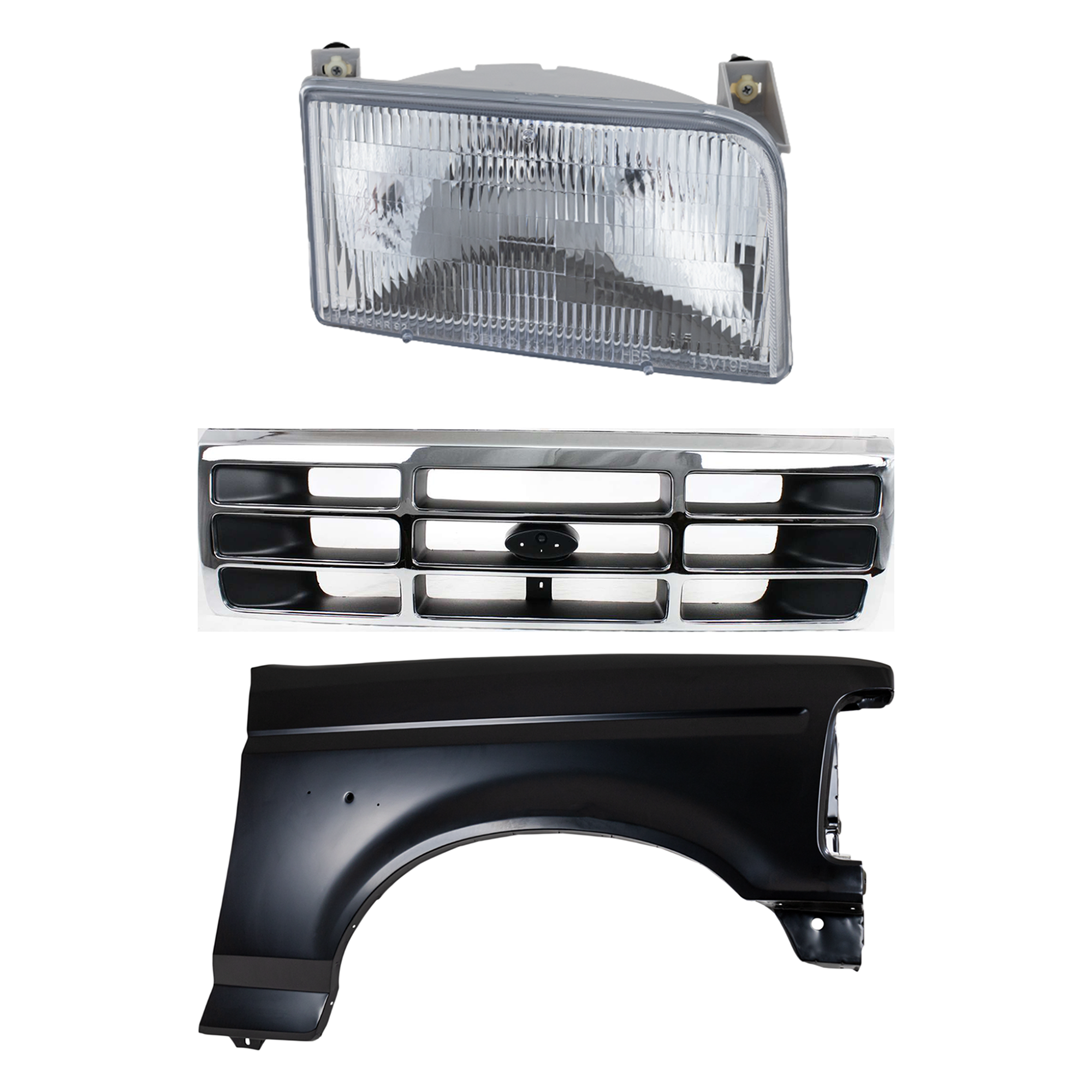 AM F SERIES F SUPER DUTY 92-97 FRONT FENDER RH Primed 3 pc Kit with Grille and Headlight SKU KIT 022423-81501 Partslink FO1241136 FO1200173 FO2503114 OEM F2TZ16005A F4TZ8200A F2TZ13008