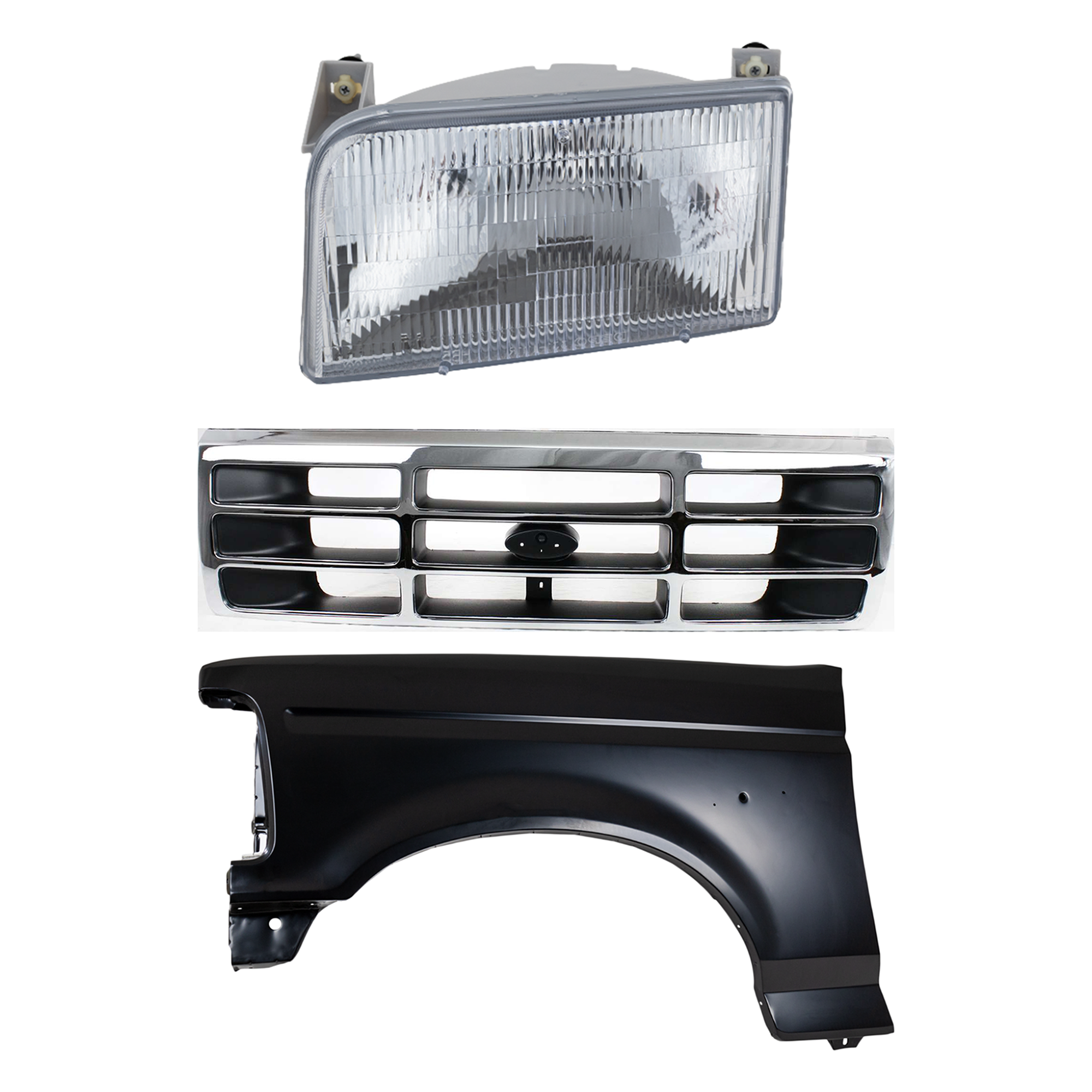 AM F SERIES F SUPER DUTY 92-97 FRONT FENDER LH Primed 3 pc Kit with Grille and Headlight SKU KIT 022423-81502 Partslink FO1240138 FO1200173 FO2502118 OEM F4TZ16006A F4TZ8200A F2TZ13008