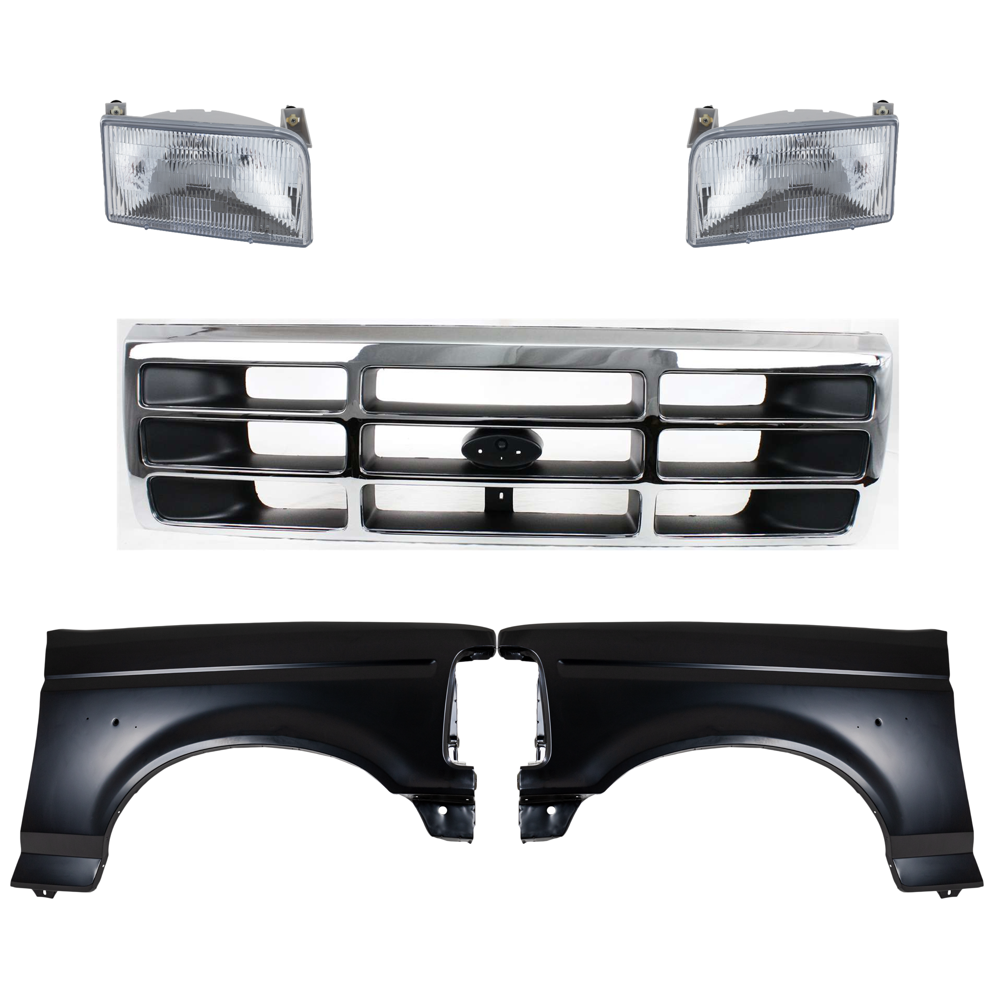 AM F SERIES F SUPER DUTY 92-97 FRONT FENDER RH AND LH Primed 5 pc Kit with Grille and Headlights SKU KIT 022423-815 Partslink FO1240138 FO1241136 FO1200173 FO2502118 FO2503114 OEM F2TZ16005A F4TZ16006A F4TZ8200