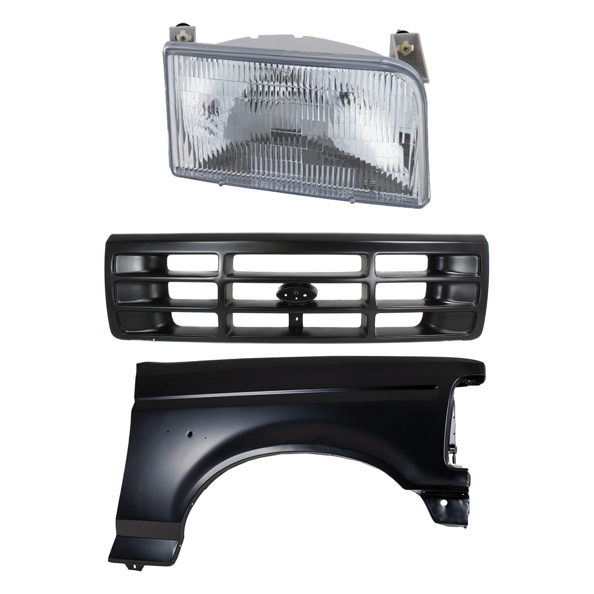 AM F SERIES F SUPER DUTY 92-97 FRONT FENDER RH Primed 3 pc Kit with Grille and Headlight SKU KIT 022423-81701 Partslink FO1241136 FO1200172 FO2503114 OEM F2TZ16005A F6TZ8200AAA F2TZ130