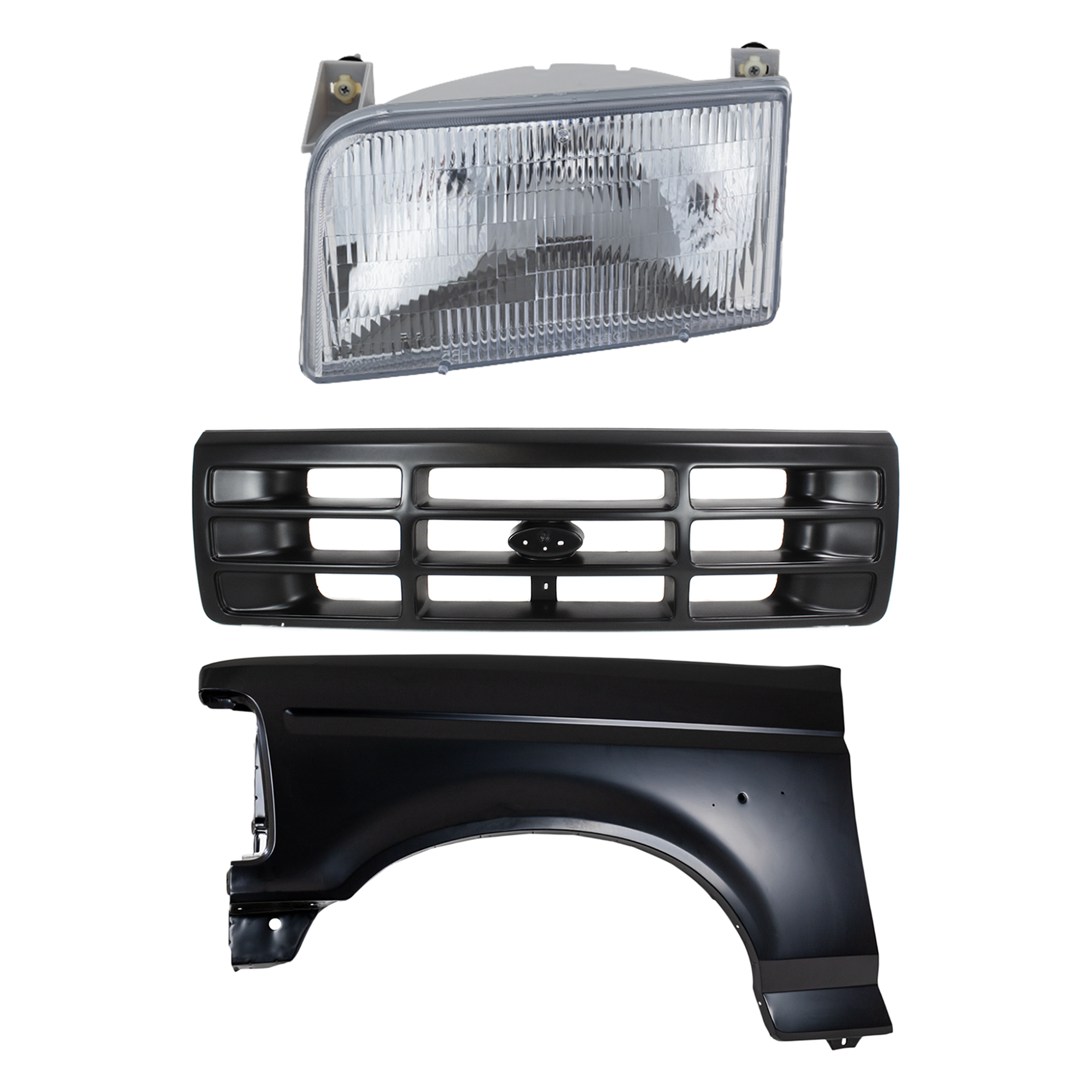 AM F SERIES F SUPER DUTY 92-97 FRONT FENDER LH Primed 3 pc Kit with Grille and Headlight SKU KIT 022423-81702 Partslink FO1240138 FO1200172 FO2502118 OEM F4TZ16006A F6TZ8200AAA F2TZ130