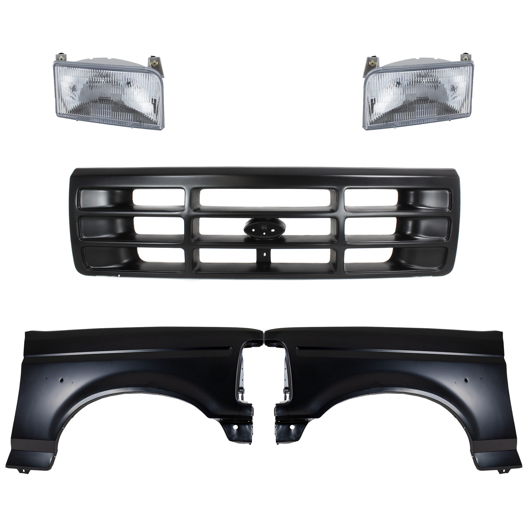 AM F SERIES F SUPER DUTY 92-97 FRONT FENDER RH AND LH Primed 5 pc Kit with Grille and Headlights SKU KIT 022423-817 Partslink FO1240138 FO1241136 FO1200172 FO2502118 FO2503114 OEM F2TZ16005A F4TZ16006A F6TZ8200