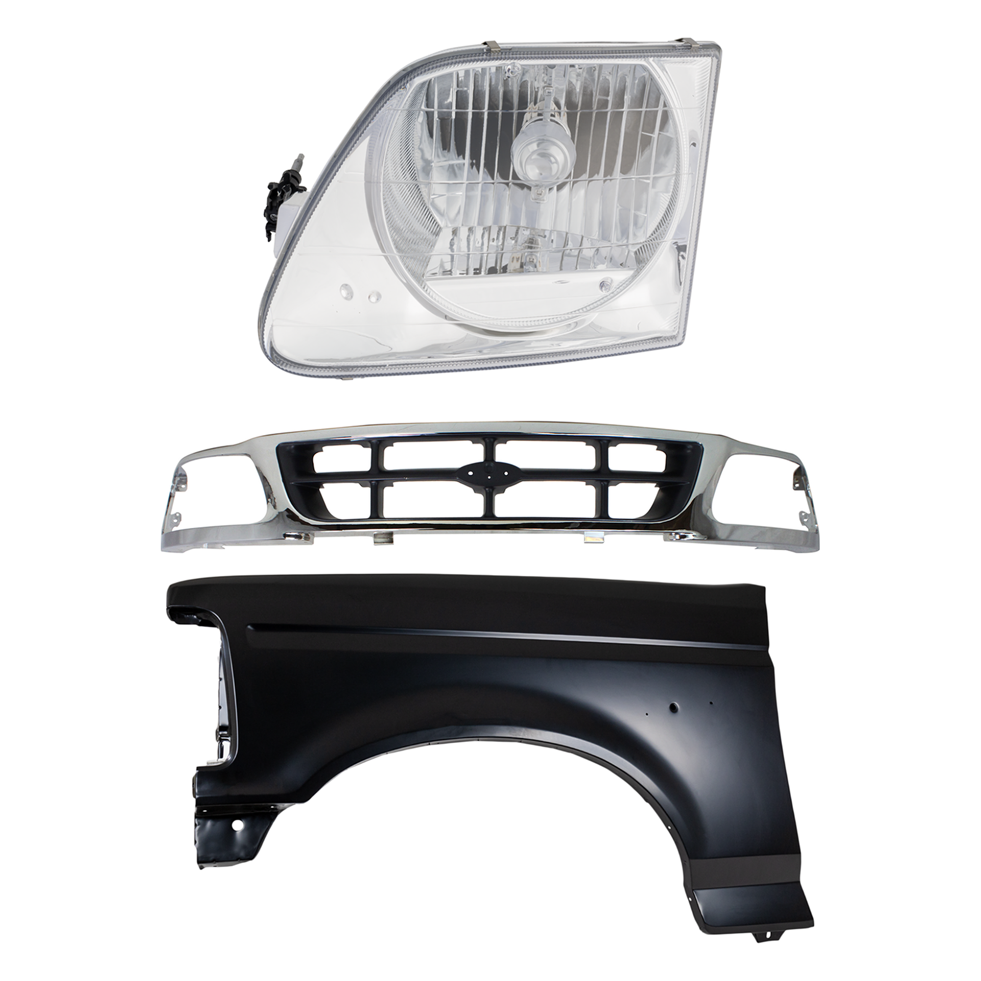 AM F 150-97-97 FRONT FENDER LH Primed 3 pc Kit with Grille and Headlight SKU KIT 022423-82002 Partslink FO1240138 FO1200320 FO2502182 OEM F4TZ16006A F85Z8200BAA 3L3Z130